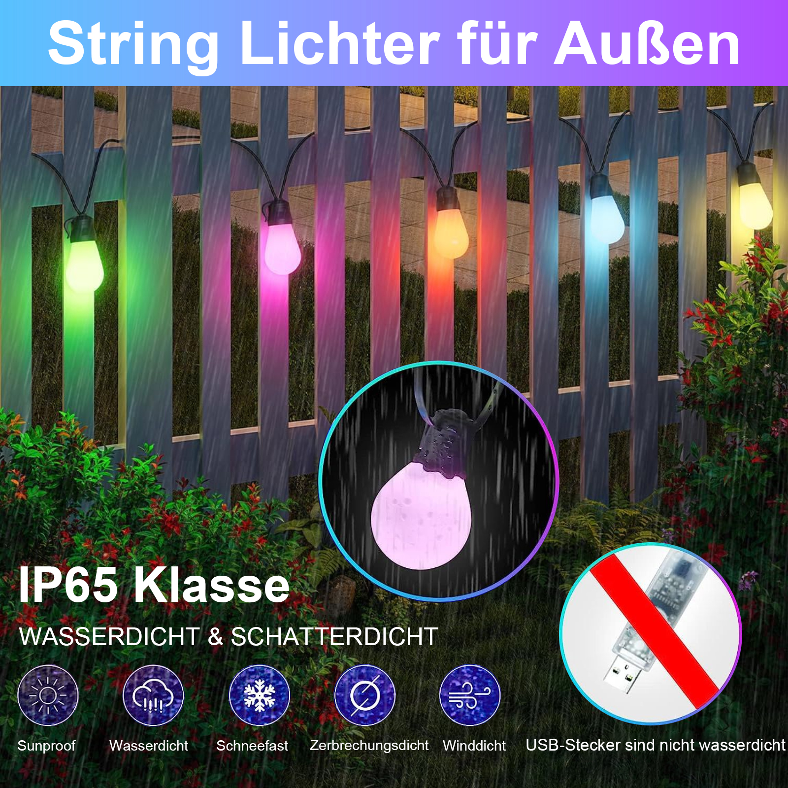 Lichterketten hängen über einem Zaun mit verschiedenen Farben und Produktsymbolen.