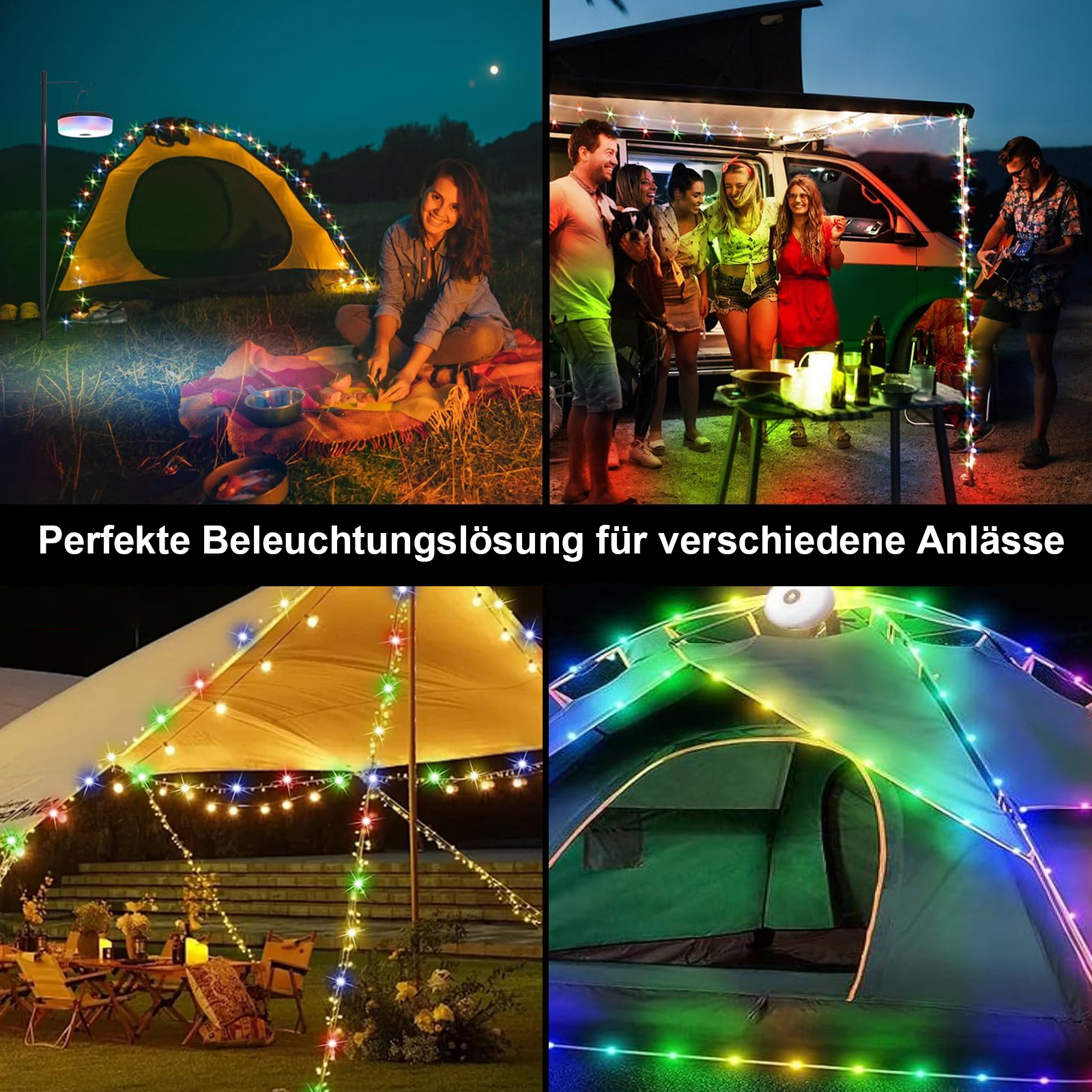Vier Bilder von Lichterketten in verschiedenen Umgebungen: Camping, Party und zwei Zelte.