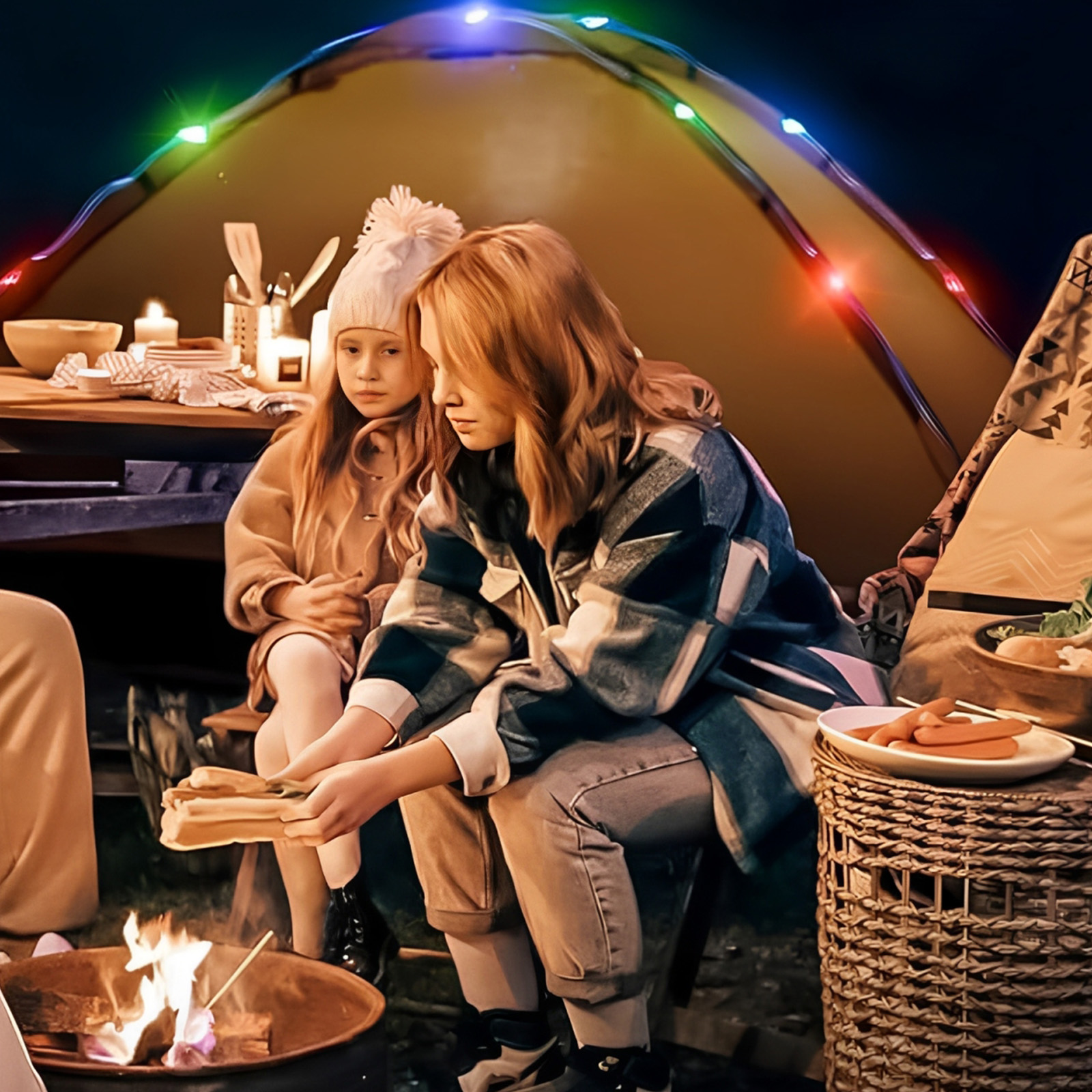 Zwei Mädchen rösten Marshmallows an einem Lagerfeuer in der Nähe eines Zeltes, mit Lichterketten.