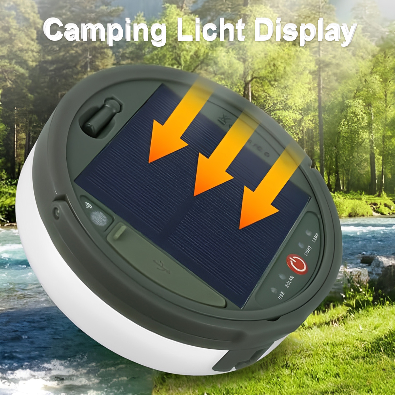 Eine Campinglampe, die das Solarpanel, die Sonnenstrahlen und das Licht zeigt.