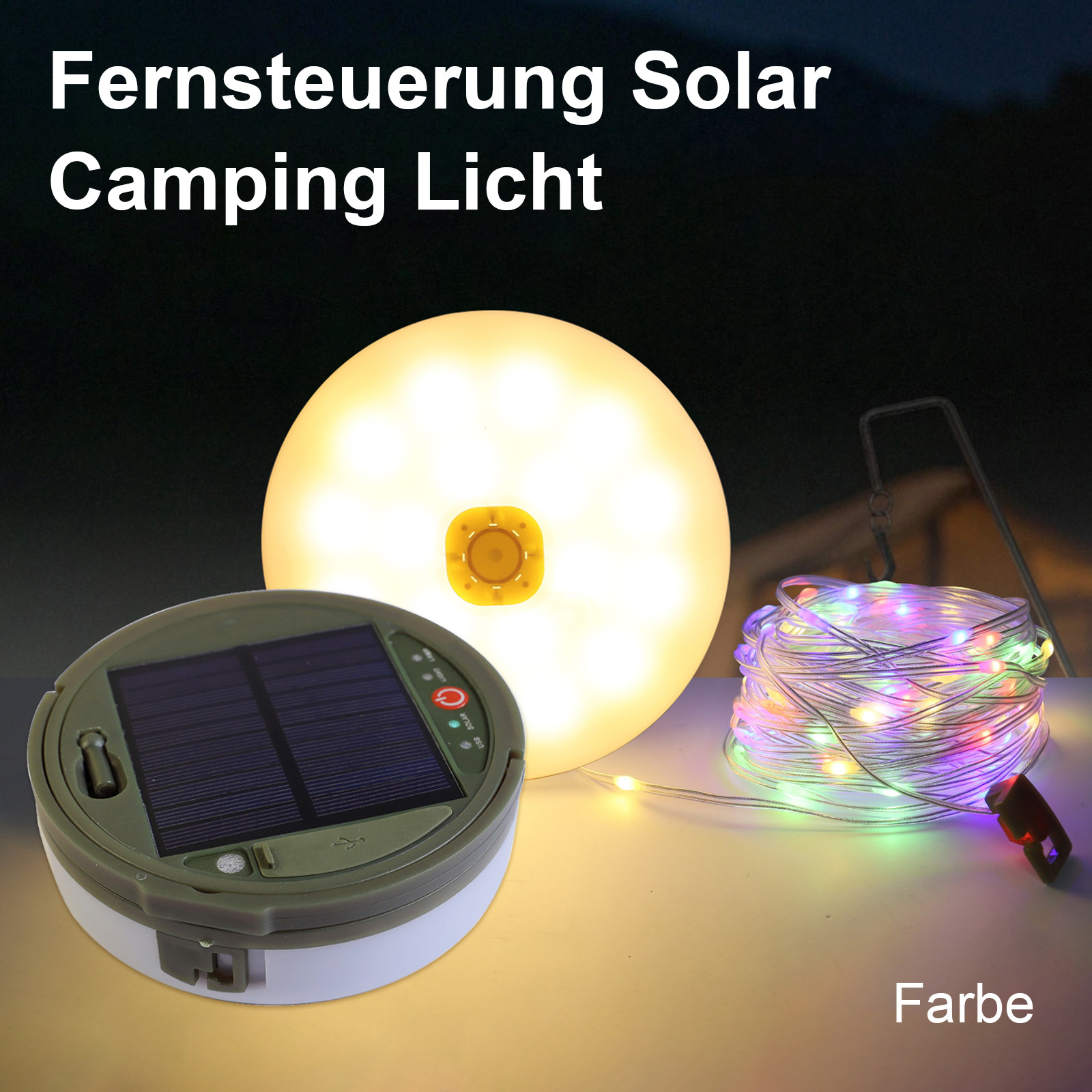 Eine solarbetriebene Campinglampe mit einem Lichtband und einem kleinen Lichtstapel. Das Licht leuchtet.
