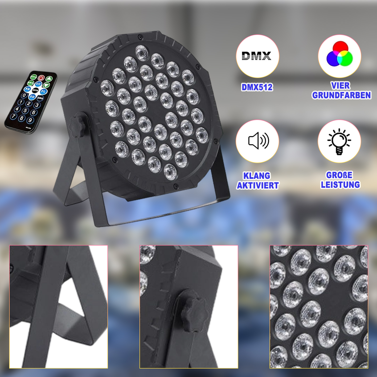 Ein schwarzes LED-Bühnenlicht mit Fernbedienung und Detailansichten, mit Funktionssymbolen.