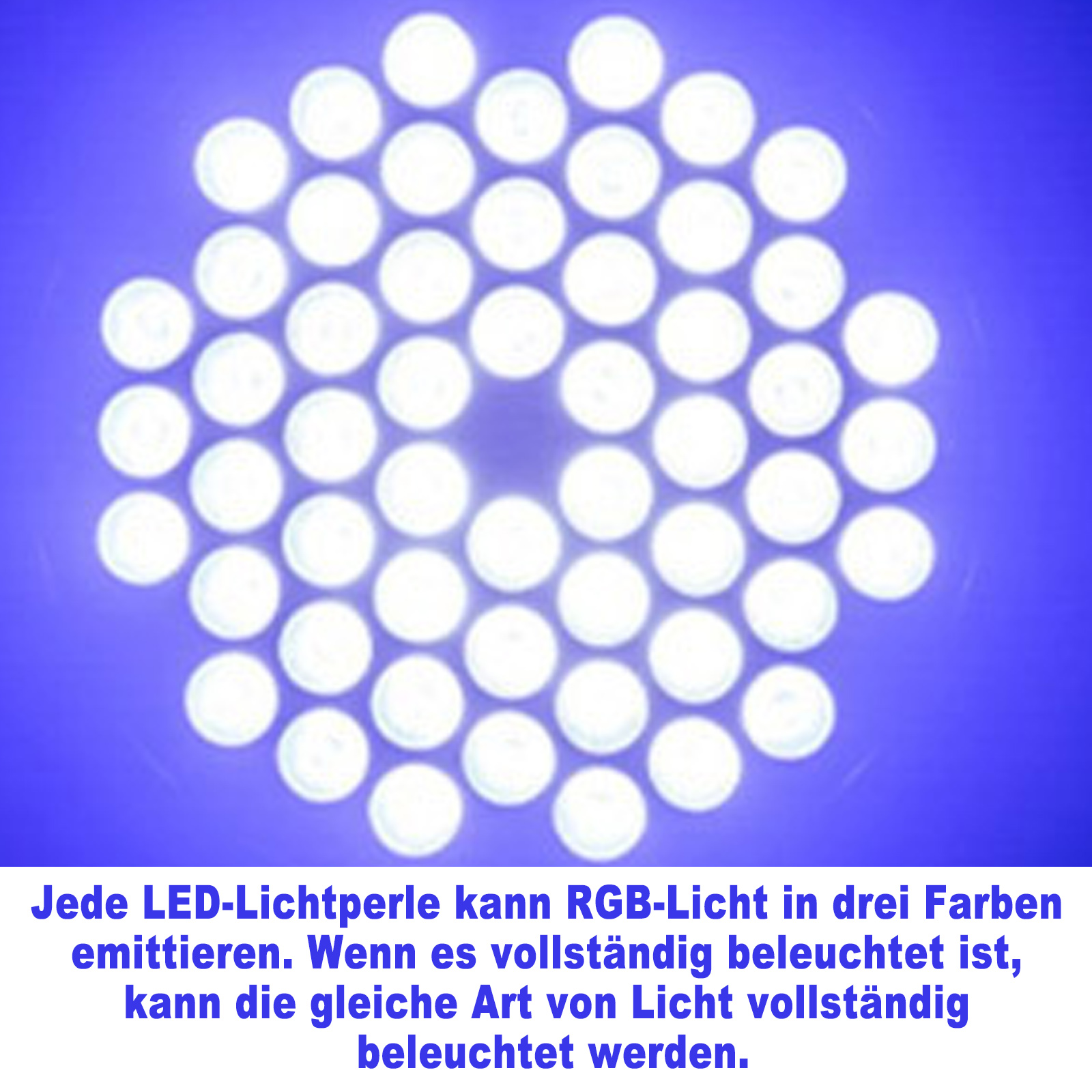 Nahaufnahme eines Arrays von LED-Leuchten vor blauem Hintergrund.