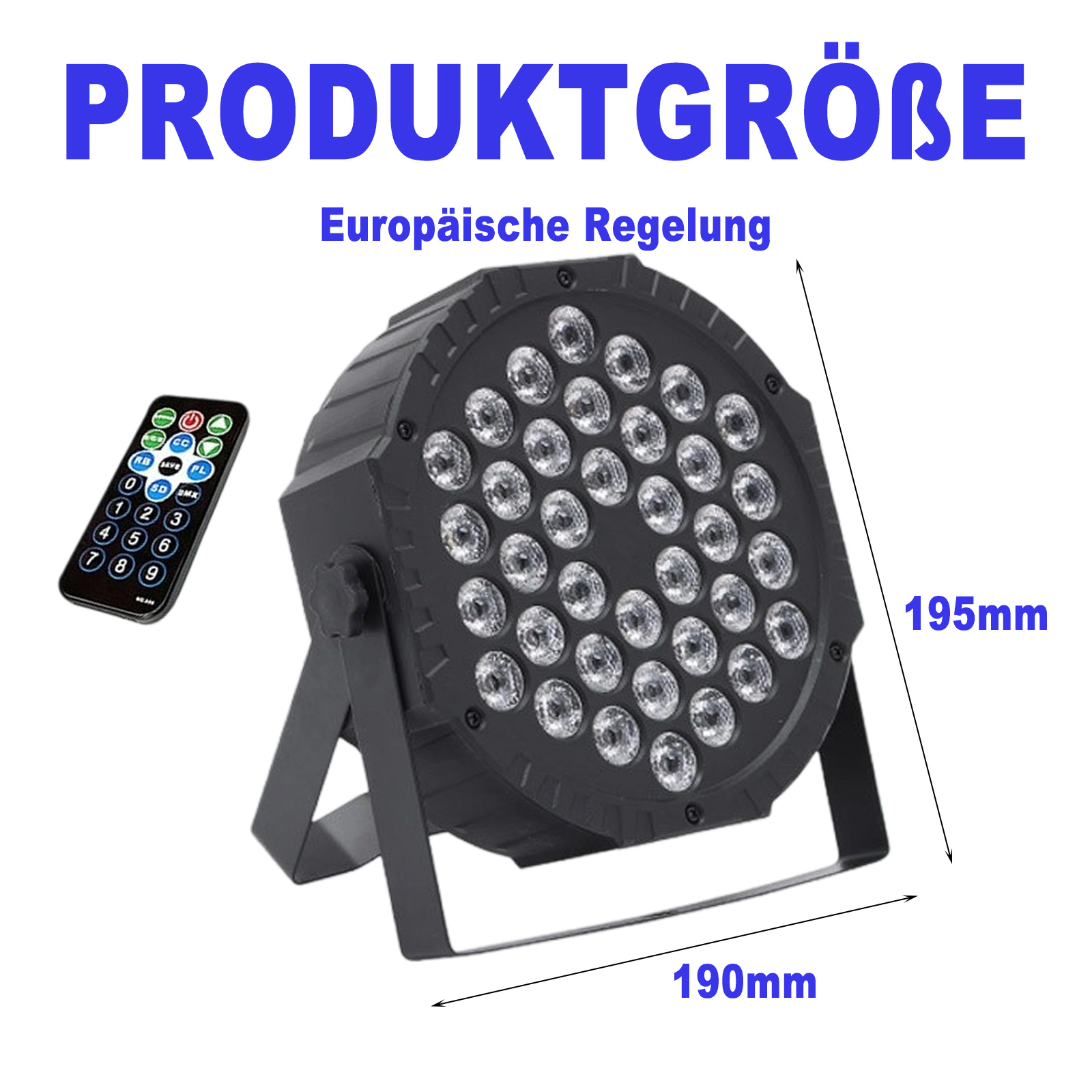 Ein schwarzes Bühnenlicht mit Abmessungen und Fernbedienung. Europäische Vorschriften werden angezeigt.