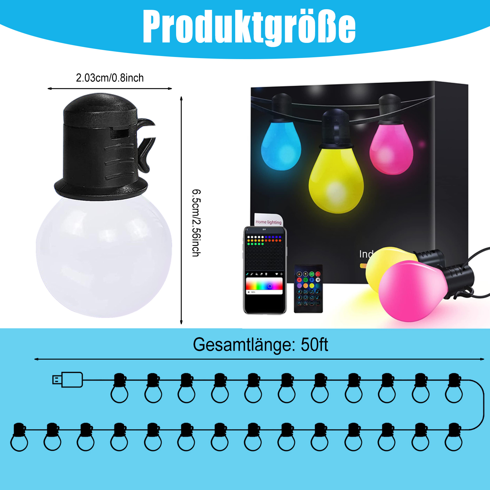 Lichterketten mit bunten Glühbirnen, Fernbedienung und schwarzer Box werden gezeigt.