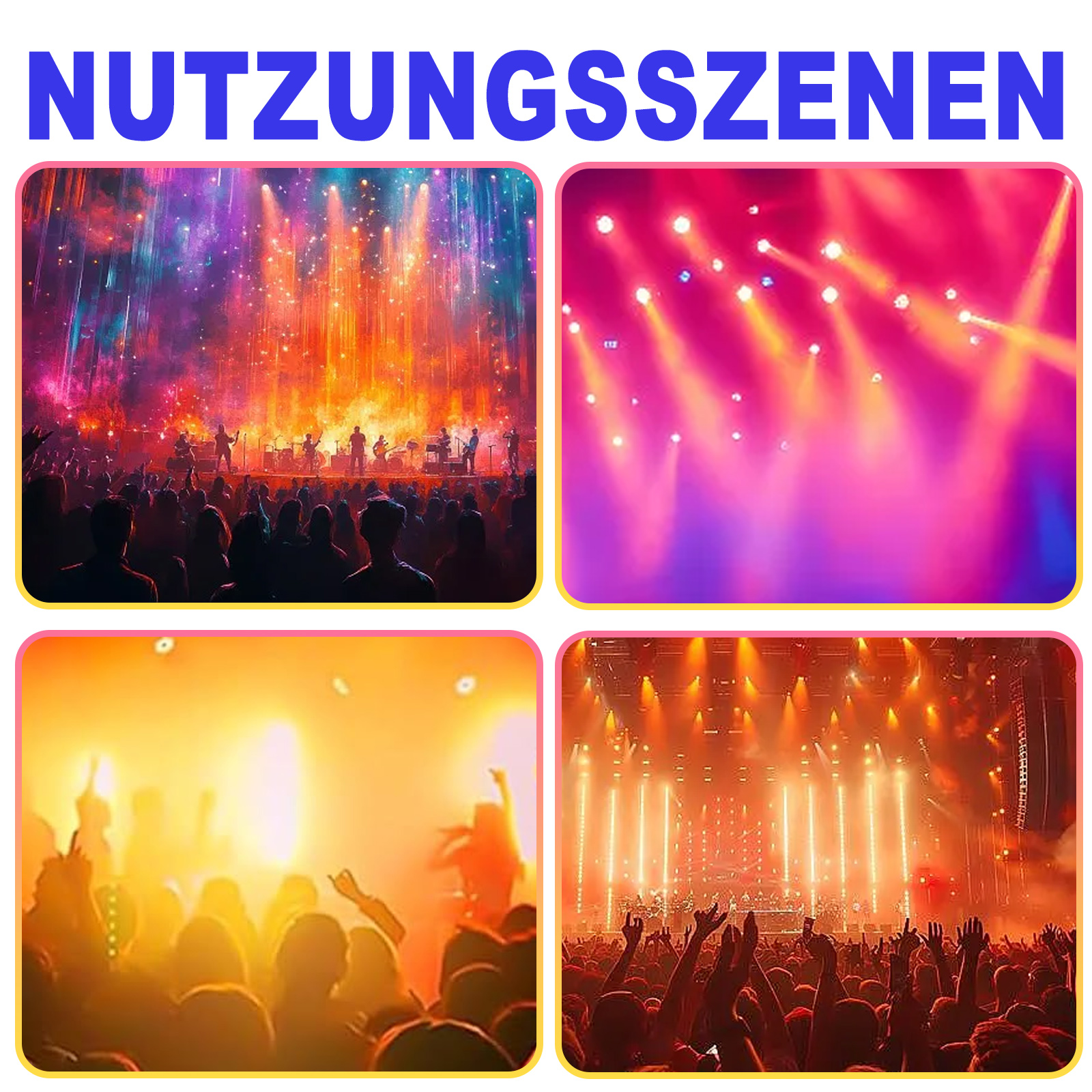 Vier Bilder, die verschiedene Anwendungen von Bühnenlicht zeigen: Konzert-, Show- und Performance-Einstellungen.