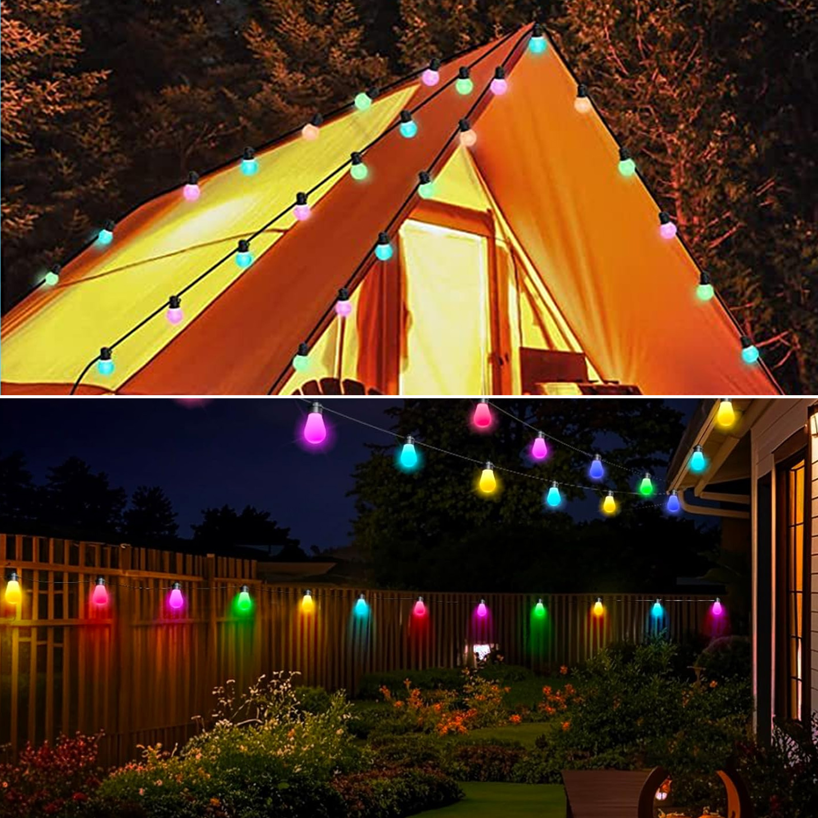 Lichterketten um ein Zelt und nachts an einem Zaun. Lichter haben verschiedene Farben.