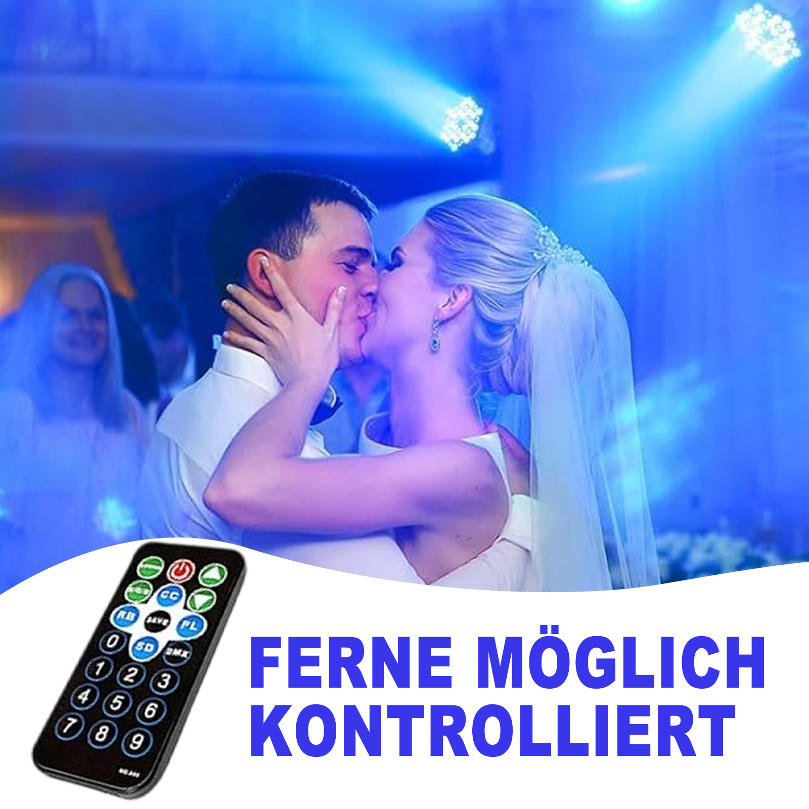 Ein sich küssendes Paar mit Lichtern im Hintergrund und einer Fernbedienung im Vordergrund.