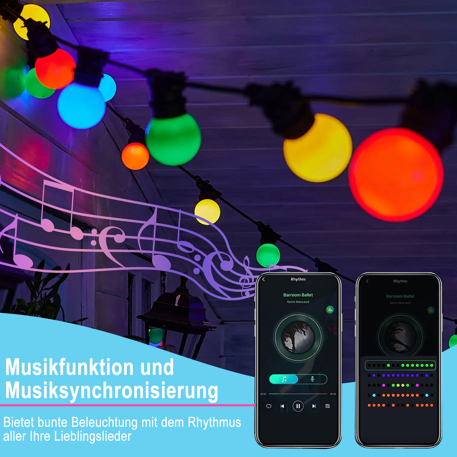 Lichterketten mit Musik-Sync-Funktion. Zwei Telefone zeigen die App-Oberfläche zur Steuerung der Lichter.