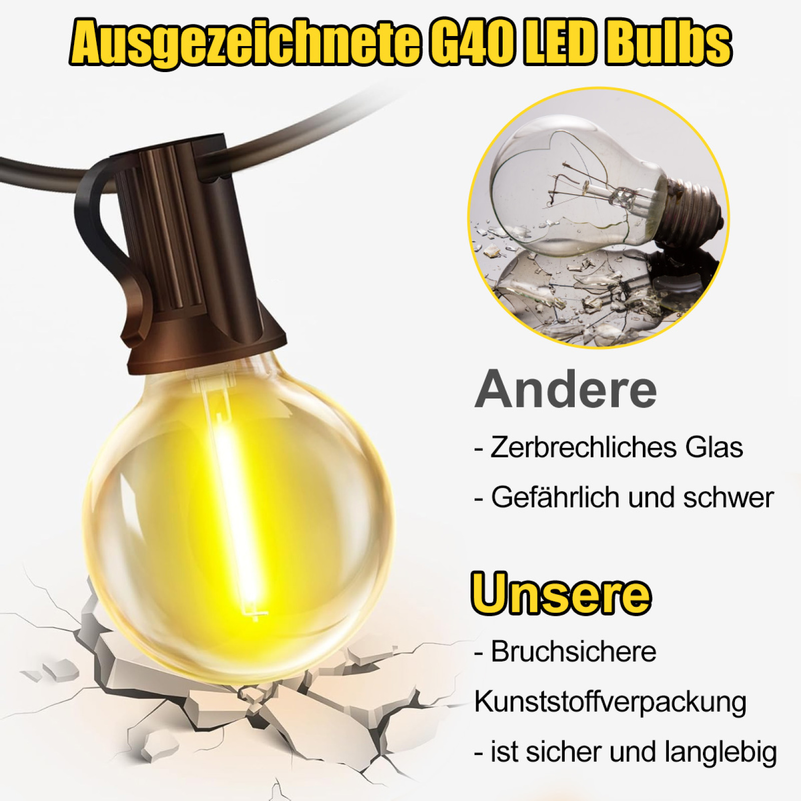 Eine helle Glühbirne und eine zerbrochene. Eine ist sicher, die andere zerbrechlich.