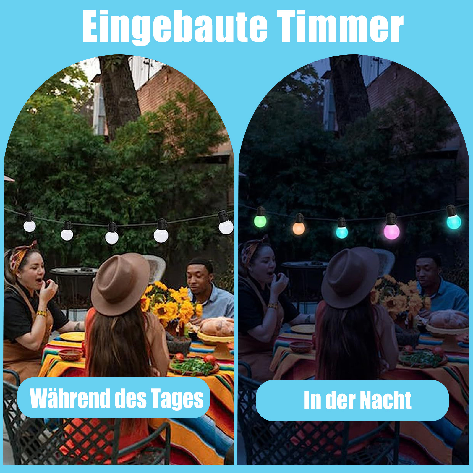 Leute sitzen tagsüber und nachts an einem Tisch, darüber Lichterketten.