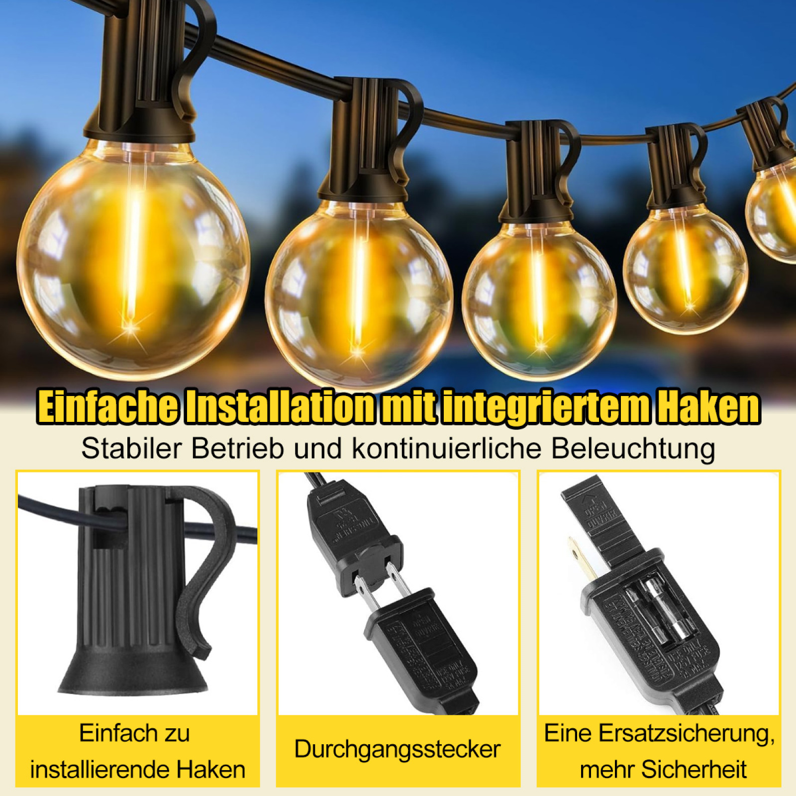 Lichterketten mit einem einfach zu installierenden Haken und einem Sicherheitsstecker.