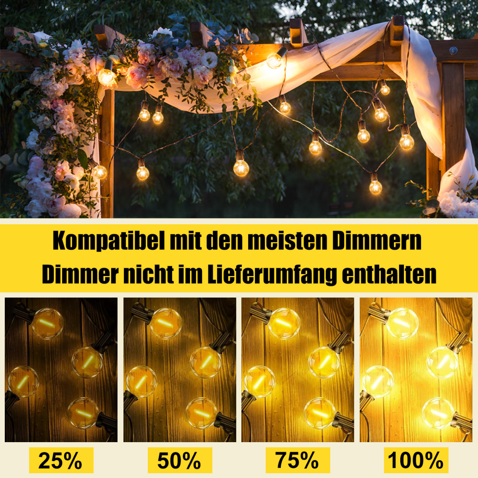 Lichterketten mit verschiedenen Helligkeitsstufen, die in einem Garten gezeigt werden.