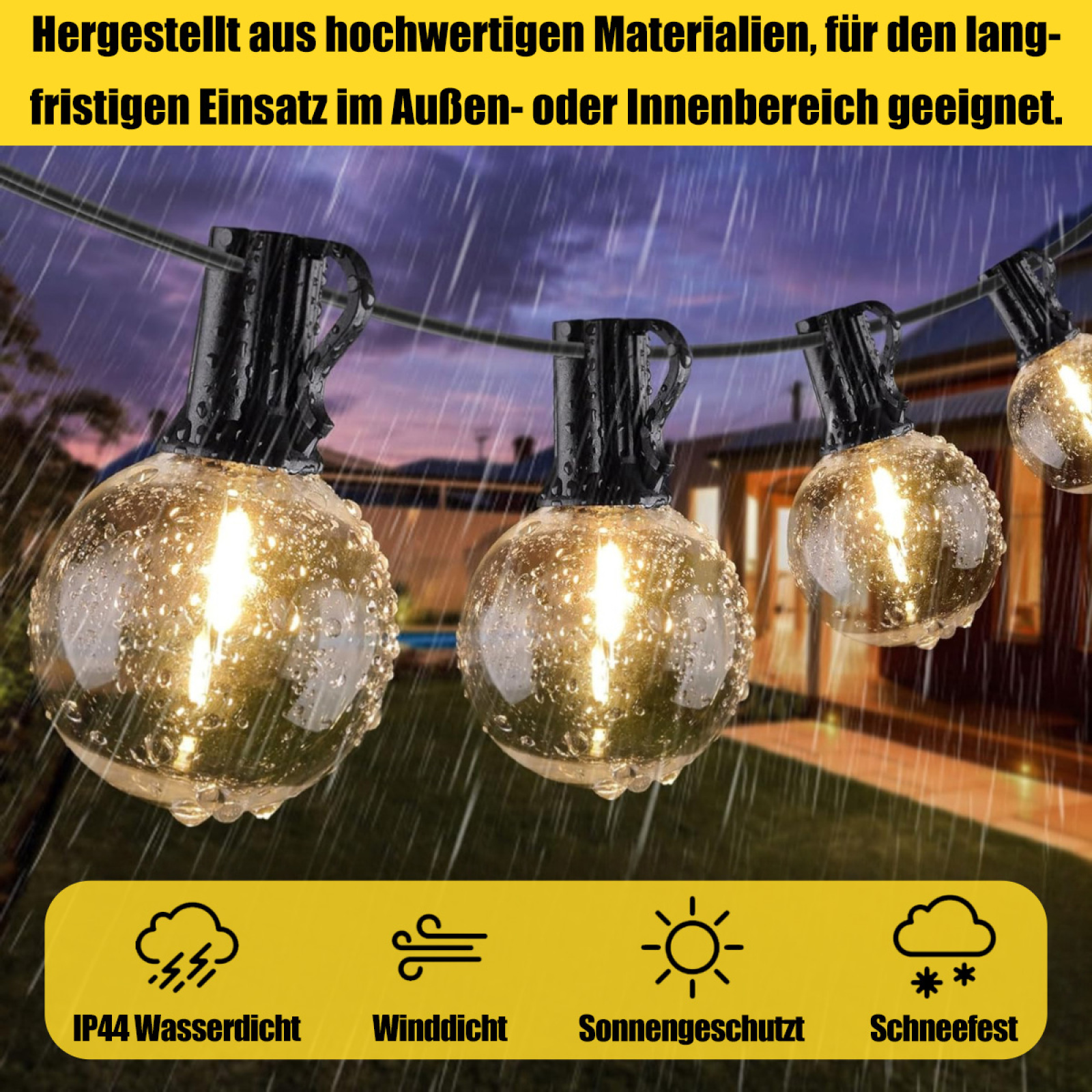 Lichterketten im Regen. Enthält Symbole für wasserdichte, winddichte, Sonnenschutz- und Schneefeste Eigenschaften.