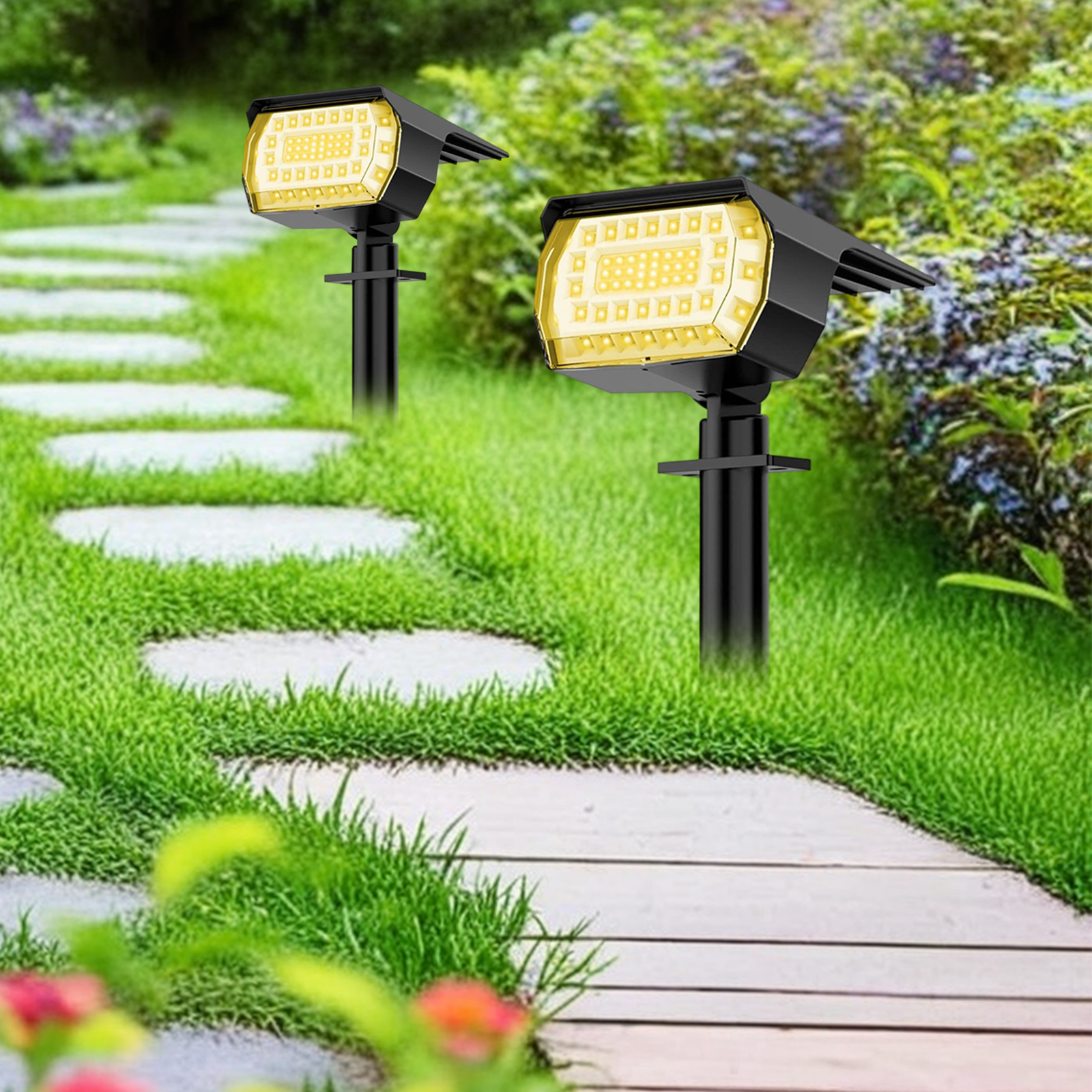 Zwei solarbetriebene Leuchten in einem Garten. Sie sind schwarz mit einem rechteckigen Lichtpaneel oben.