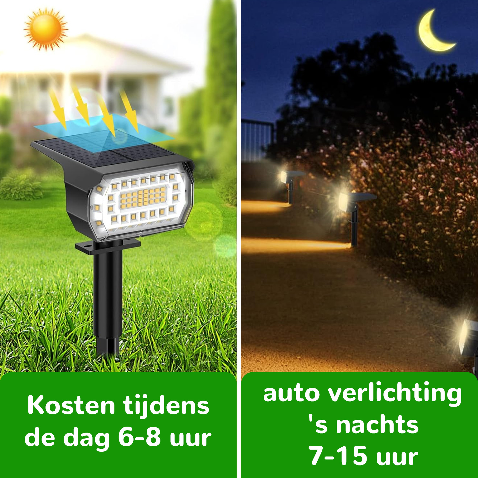 Eine Solarleuchte wird tagsüber und nachts gezeigt. Ein Haus und Pflanzen sind ebenfalls zu sehen.