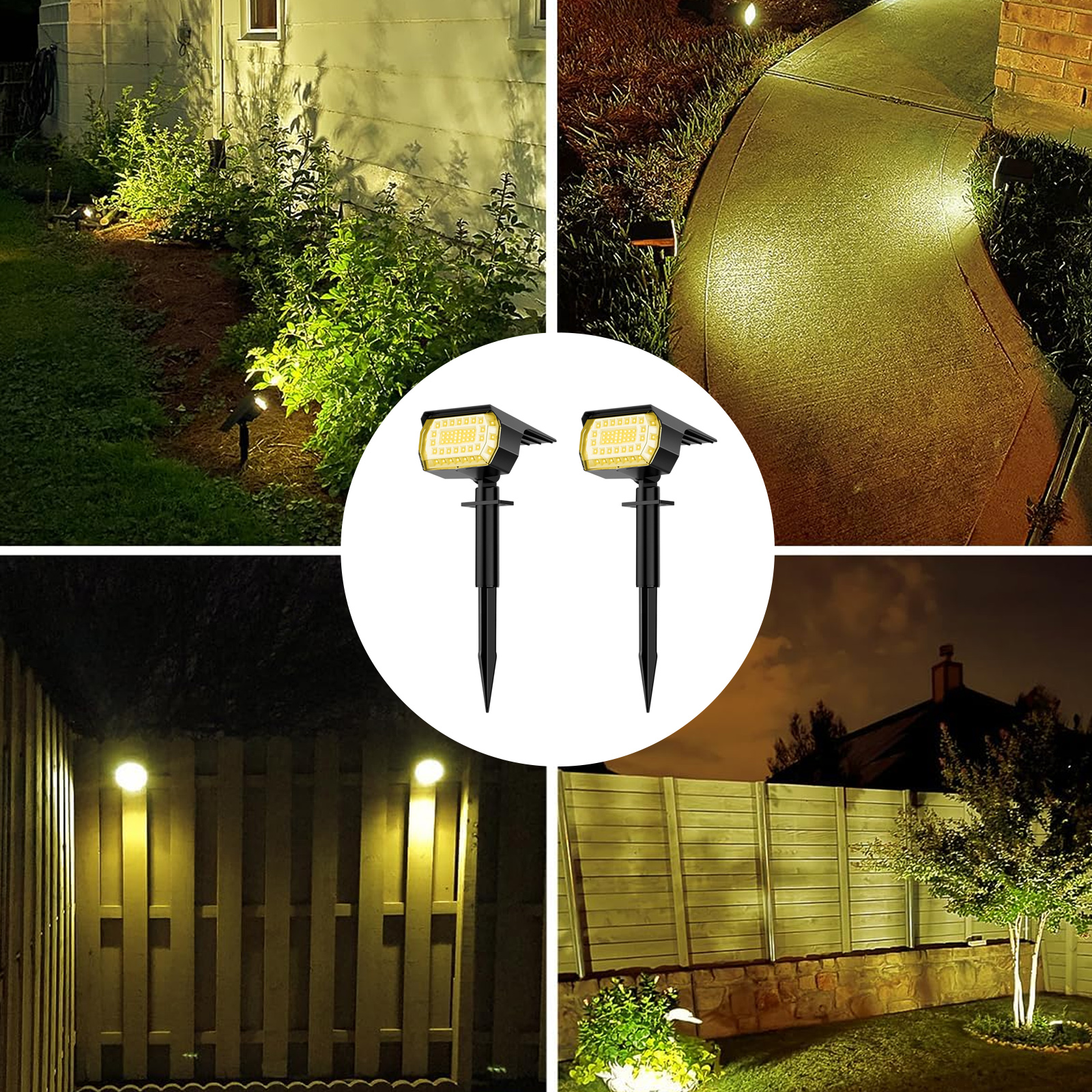 Mehrere Szenen mit Solarlampen. Zeigt Lichter auf Wegen, Zäunen und in der Nähe von Büschen.