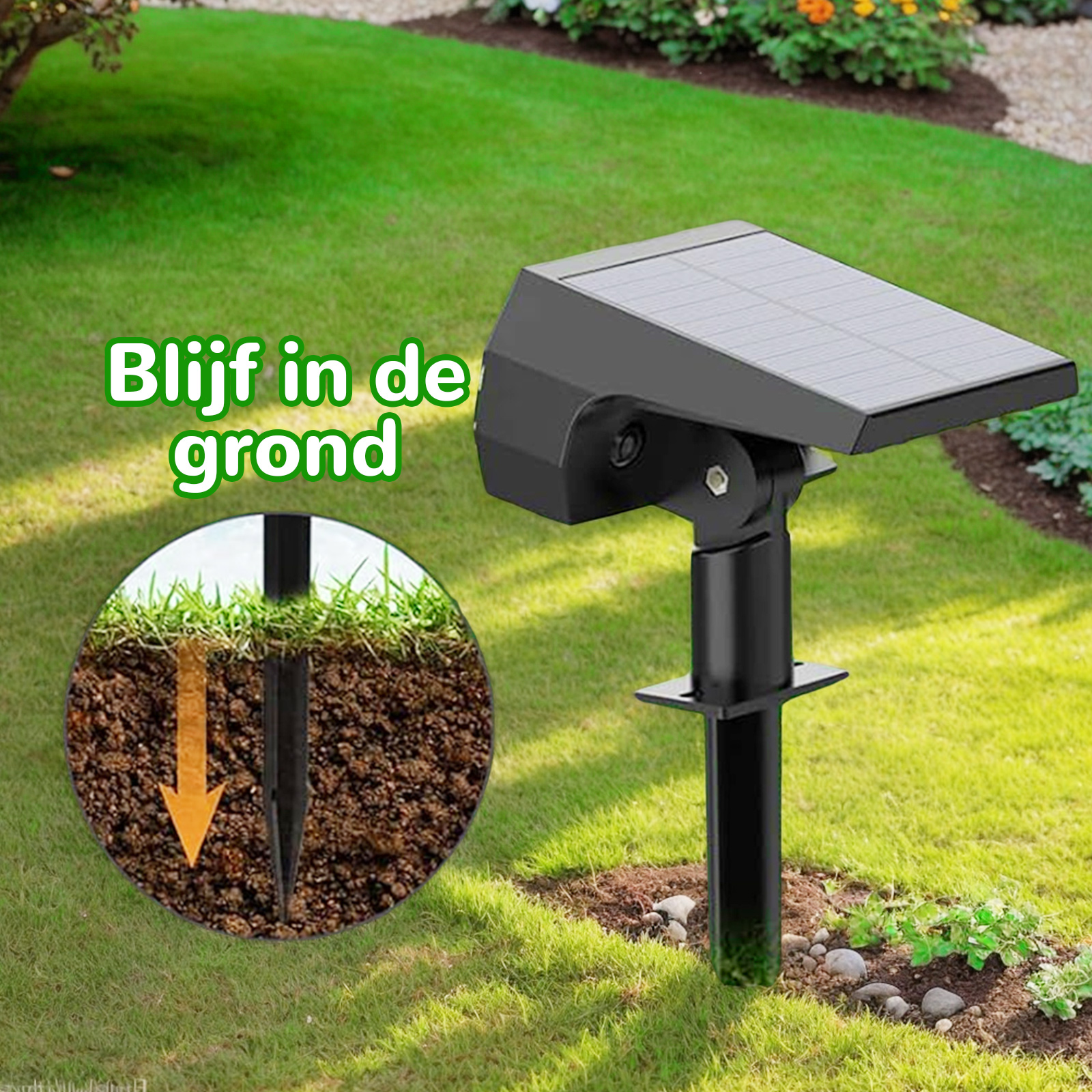 Eine Solarleuchte wird in den Boden gepflanzt.