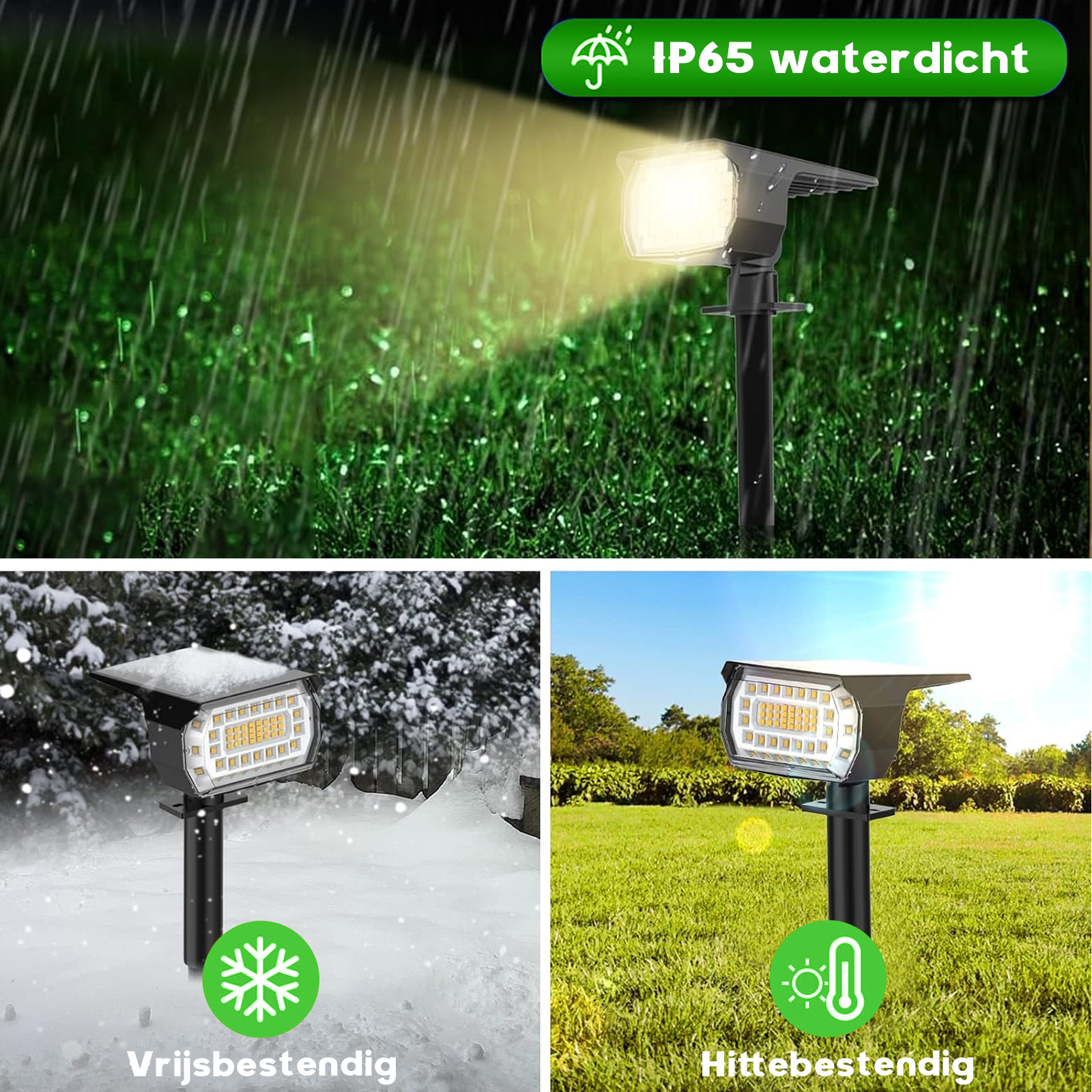 Solar-Landschaftslicht unter verschiedenen Bedingungen. Zeigt es bei Regen, Schnee und Hitze.