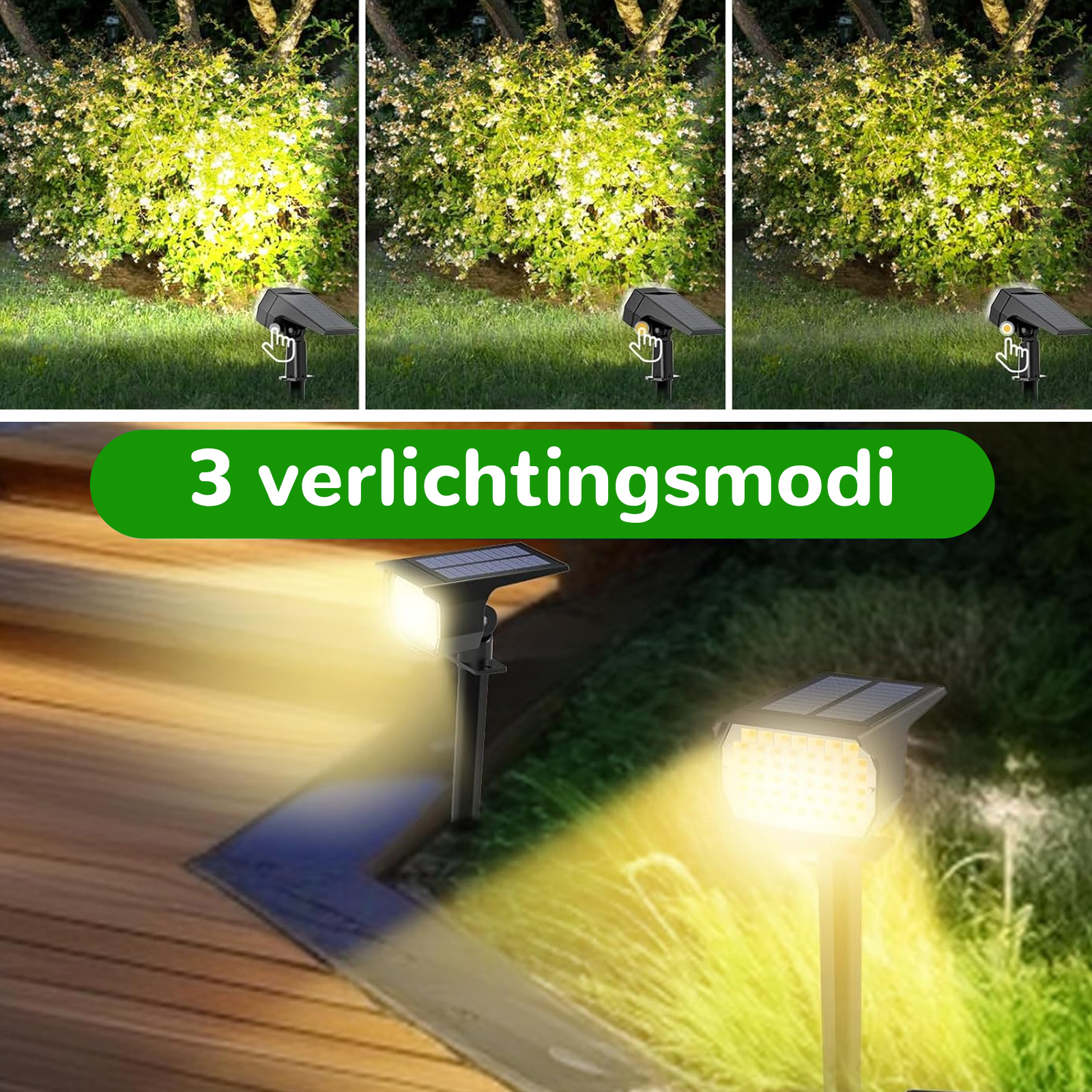 Solarleuchten, die einen Garten mit drei Beleuchtungsmodi beleuchten.