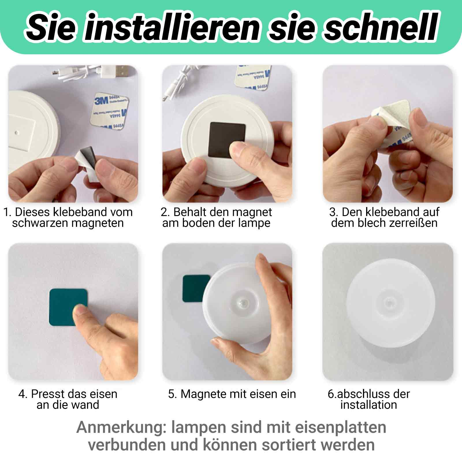 Anleitung zur Installation einer Leuchte. Zeigt Schritte mit Magnetbasis und Klebstoff.