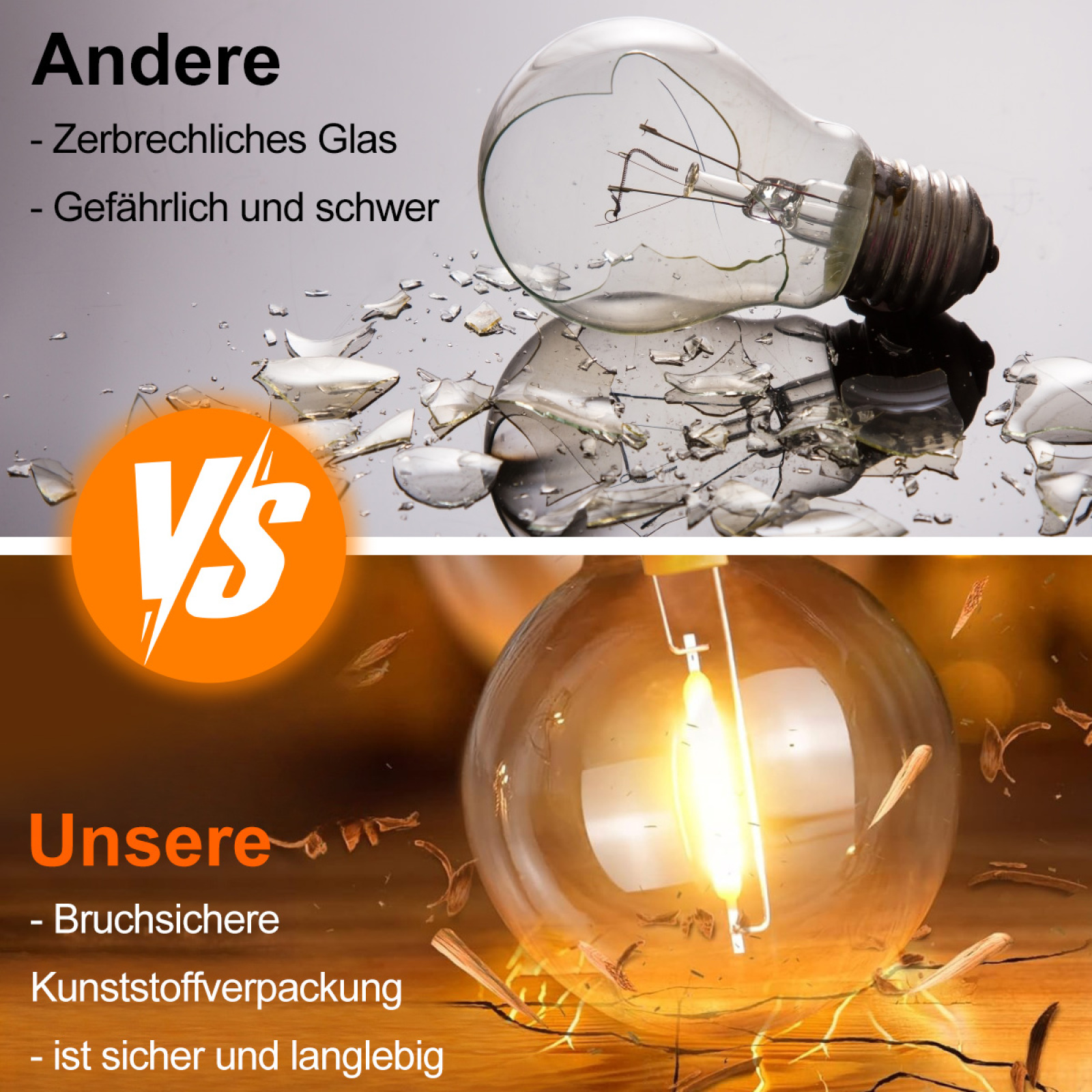 Eine zerbrochene Glühbirne vs. eine sichere. Die sichere hat ein Kunststoffgehäuse.