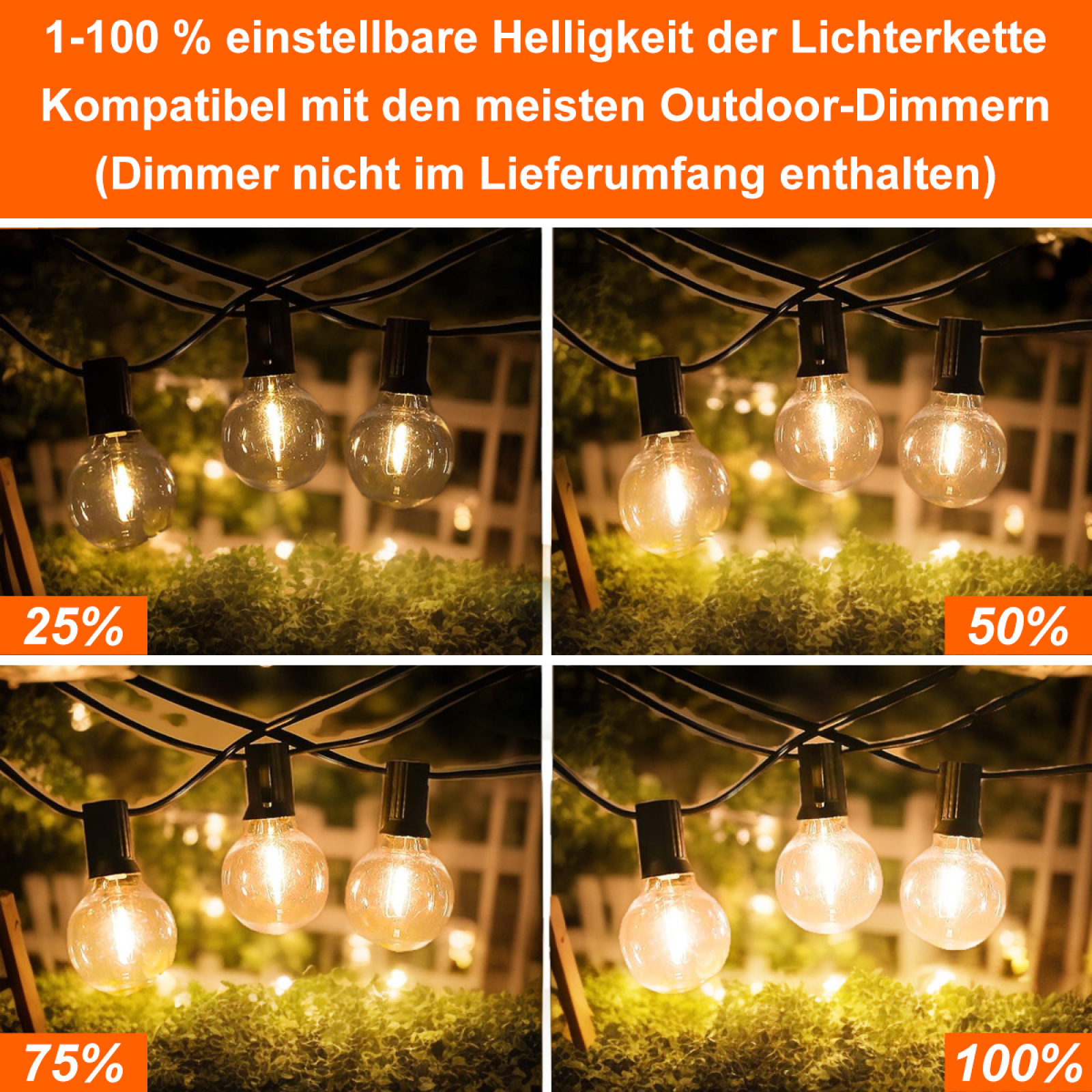 Vier Bilder mit Lichterketten mit unterschiedlichen Helligkeitsstufen: 25 %, 50 %, 75 % und 100 %.