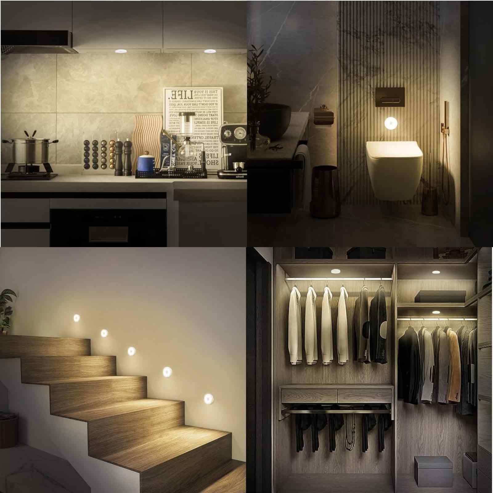 Vier Bilder mit Einbau-LED-Leuchten in Küche, Bad, Treppe und Schrank installiert.
