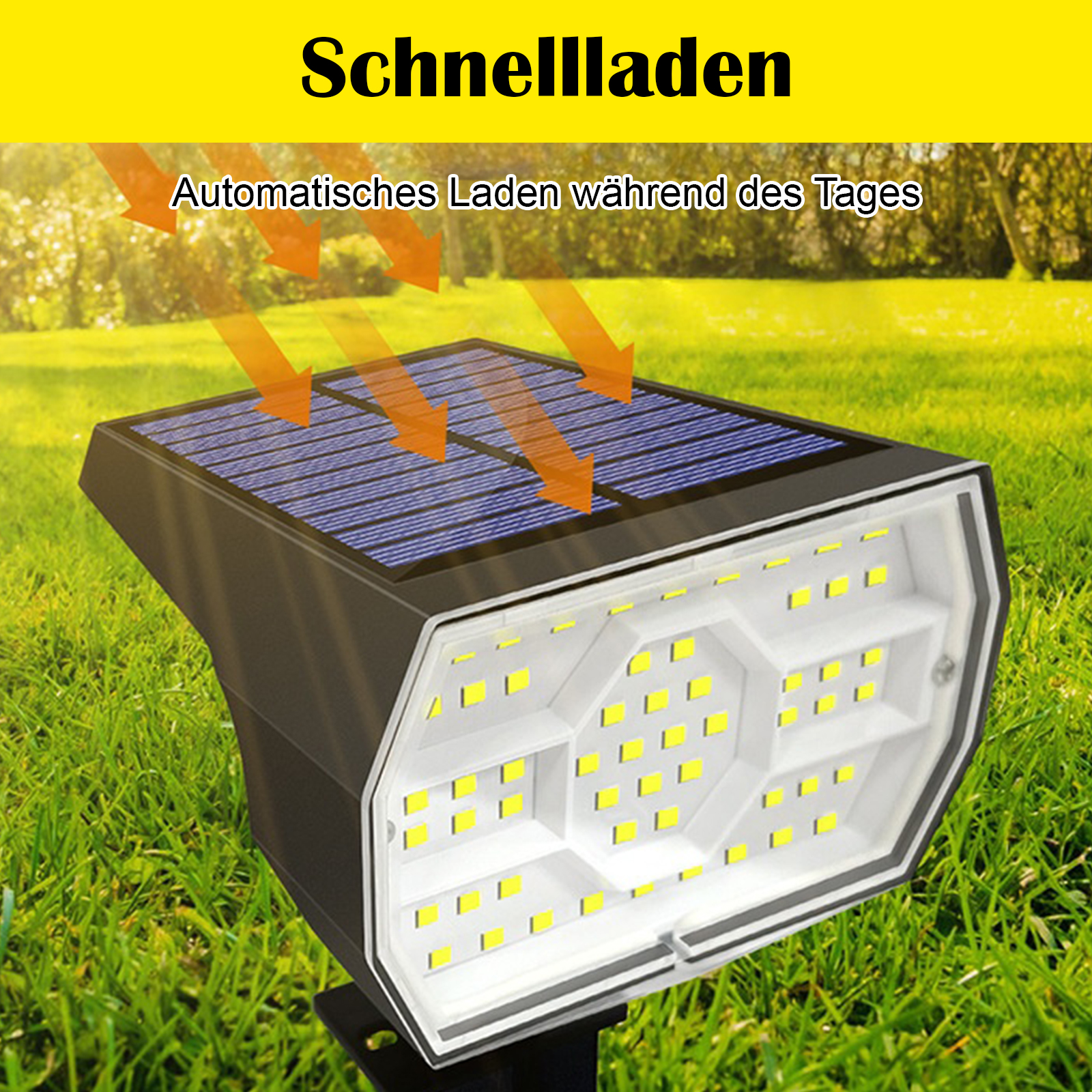 Solarlicht mit Solarmodulen, die in sonniger Umgebung laden. Es lädt automatisch.