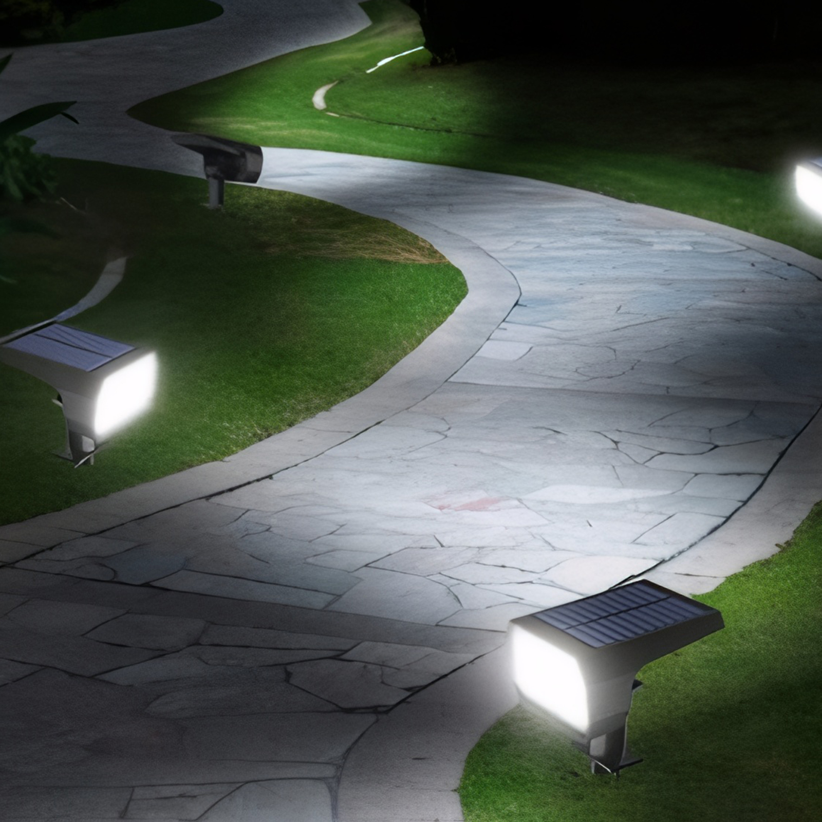 Pfad beleuchtet durch Solarlampen. Grünes Gras säumt einen Steinweg bei Nacht.