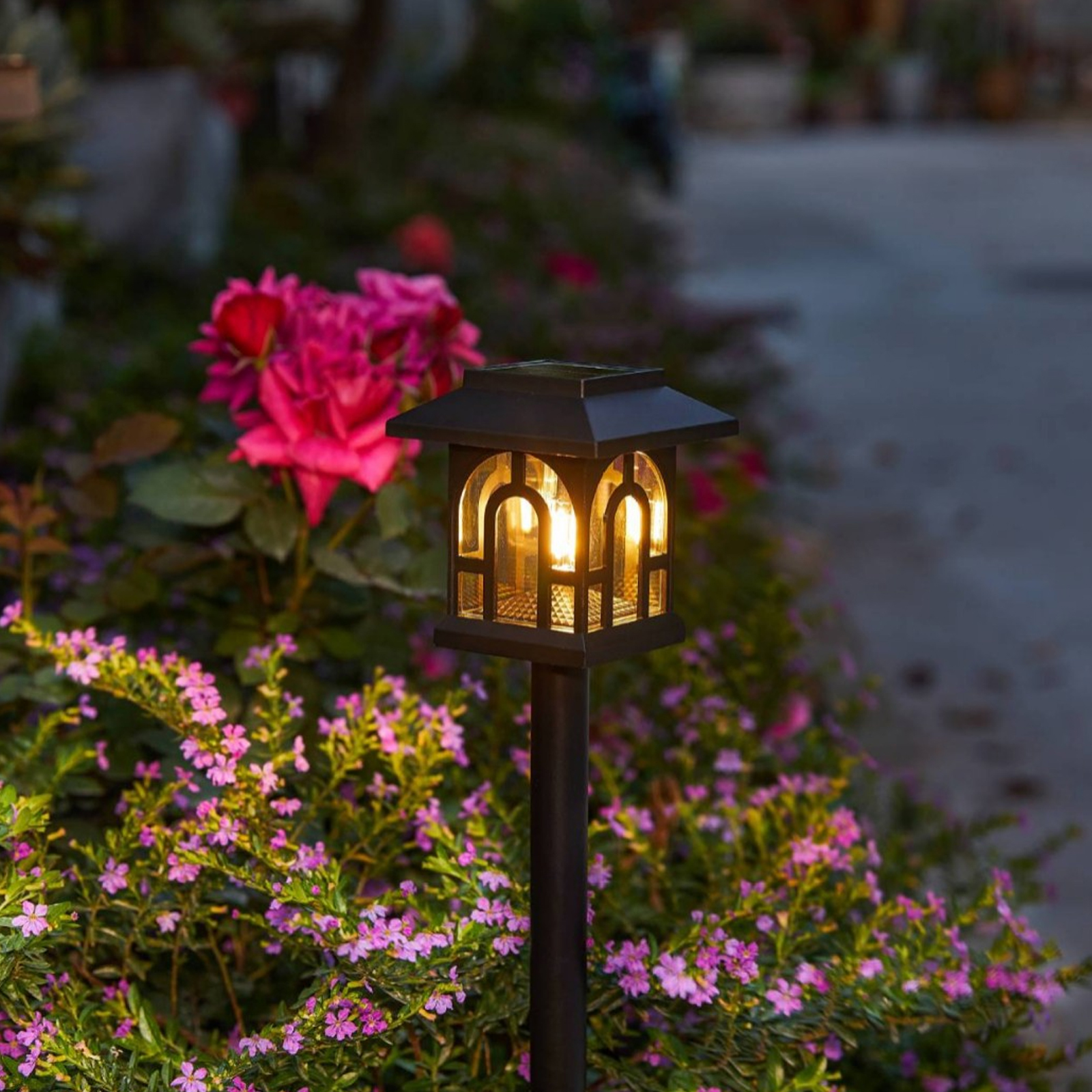 Eine schwarze Solar-Laterne in einem Garten mit rosa Rosen und kleinen Blüten.