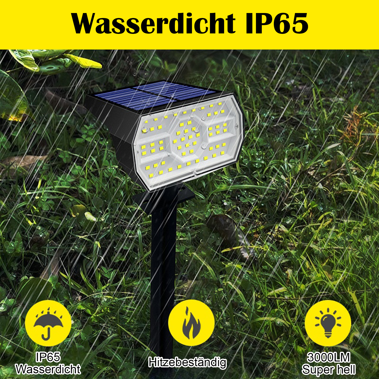 Schwarzes Solarlicht im Regen, mit Symbolen: wasserdicht, hitzebeständig, 3000LM.