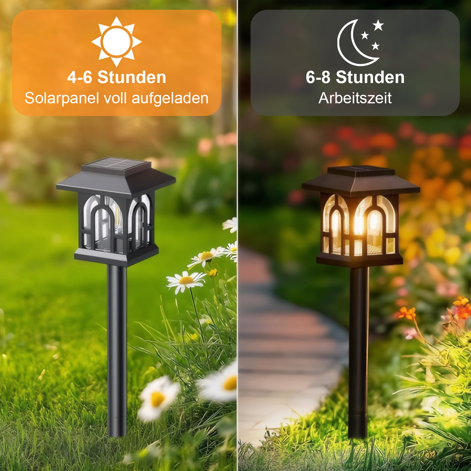 Solarleuchte, die Aufladen (4-6 Stunden) und Nutzung (6-8 Stunden) zeigt.
