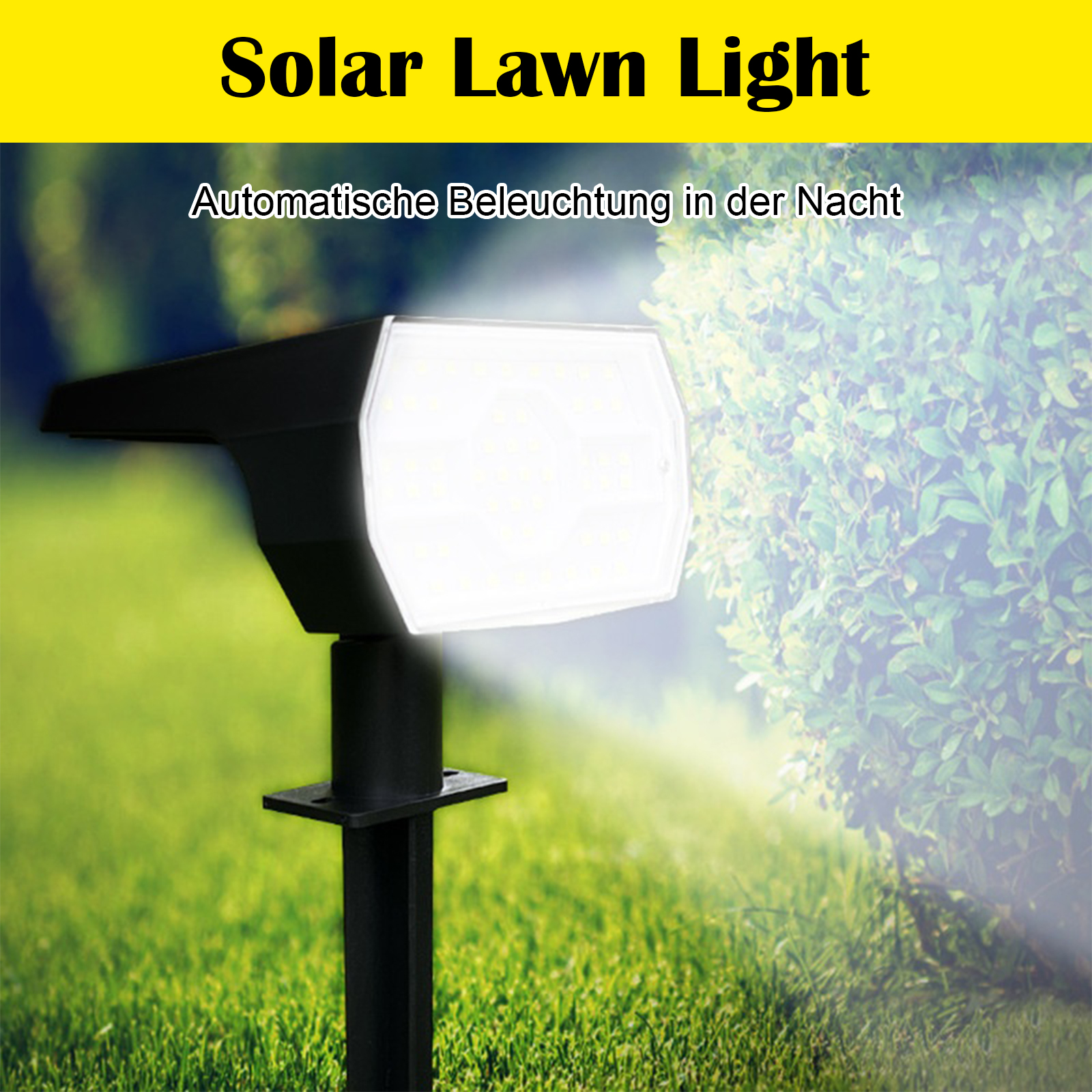 Solar-Rasenlicht mit Text: automatische Beleuchtung in der Nacht. Das Licht scheint auf einen grünen Busch.