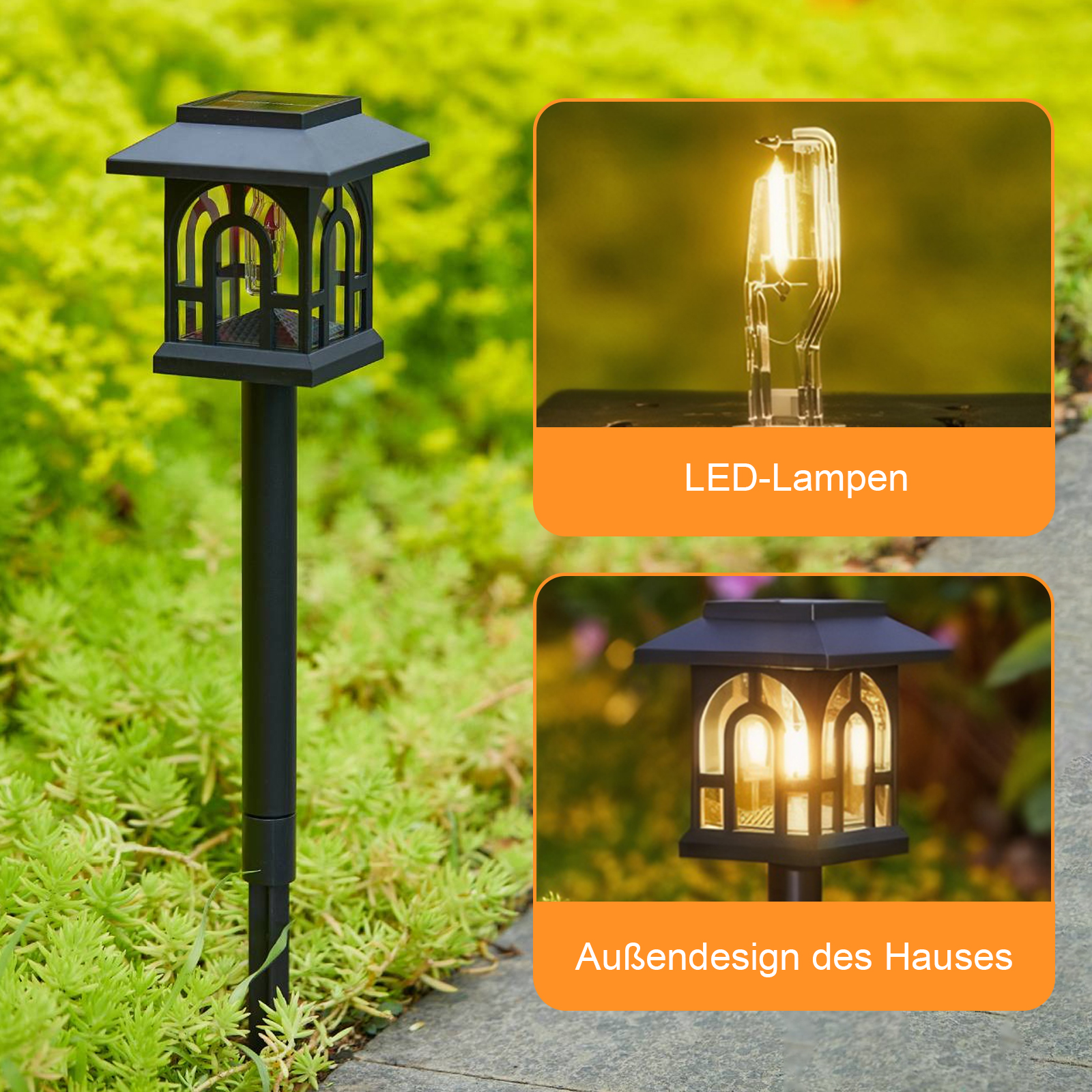 Solar-Gartenleuchte mit LED-Lampen und Außendesign. Dunkel, mit hellem Licht.