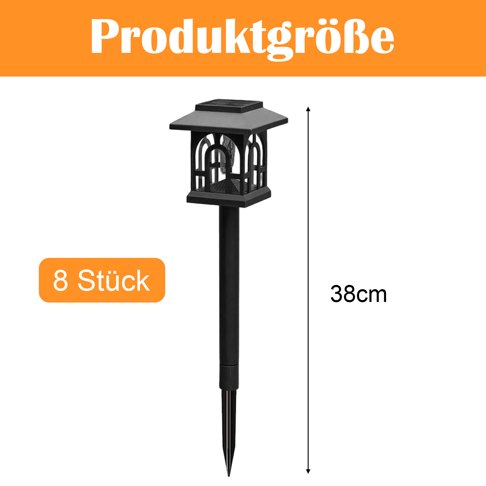 Solarlicht-Maße: 38 cm hoch, mit 8 Einheiten pro Packung. Schwarzer Pfahl, Laternenform.