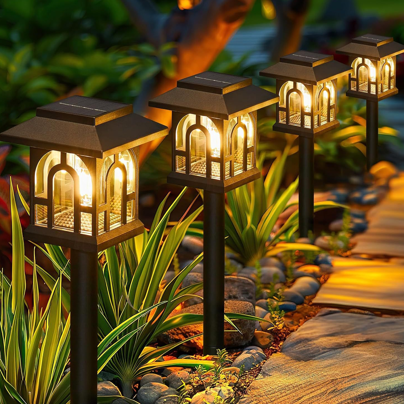 Vier Solar-Gartenleuchten in einer Reihe, mit warmem Licht, auf einem Weg mit Steinen und Gras.