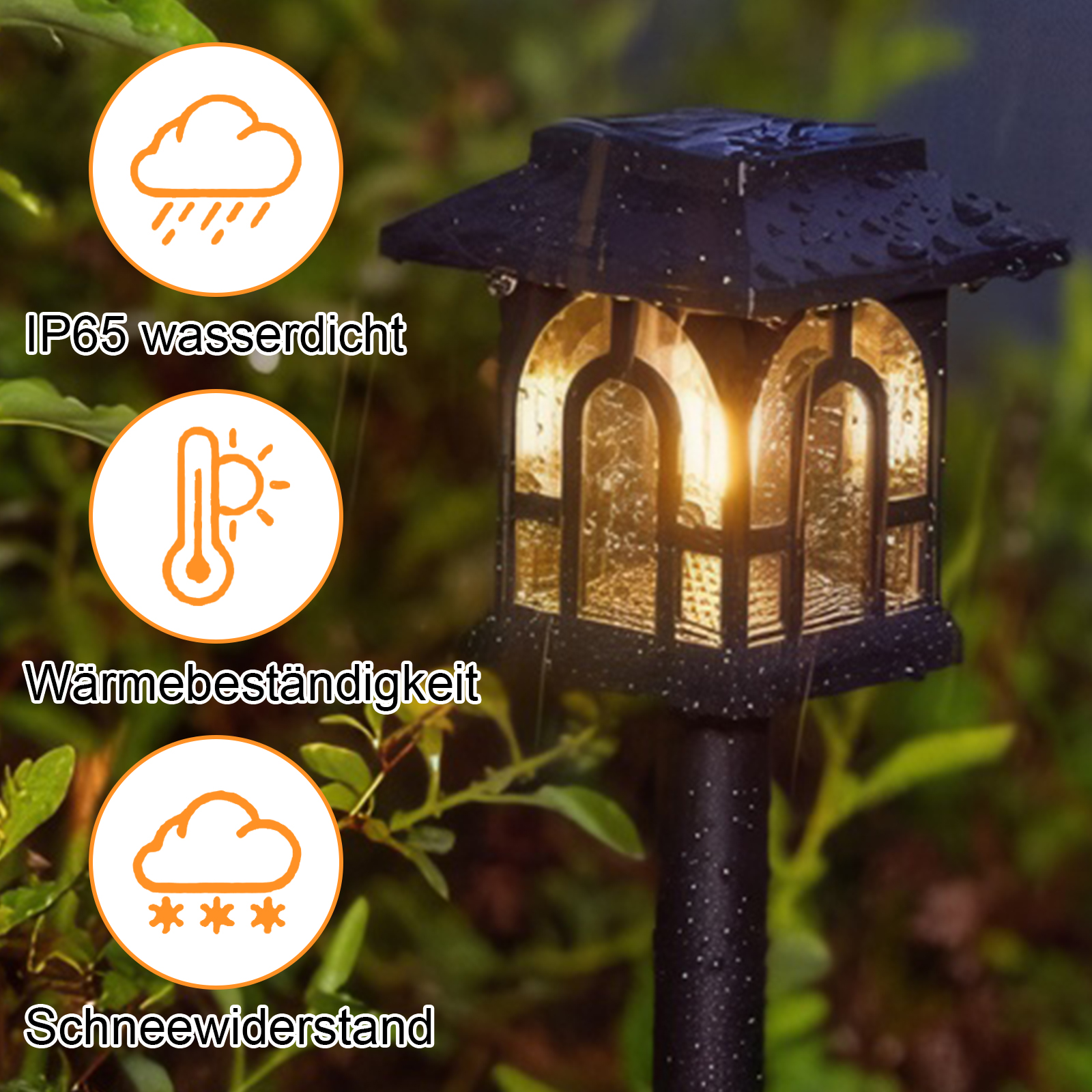 Solar-Gartenleuchte mit Wasser-, Temperatur- und Schneebeständigkeitssymbolen.