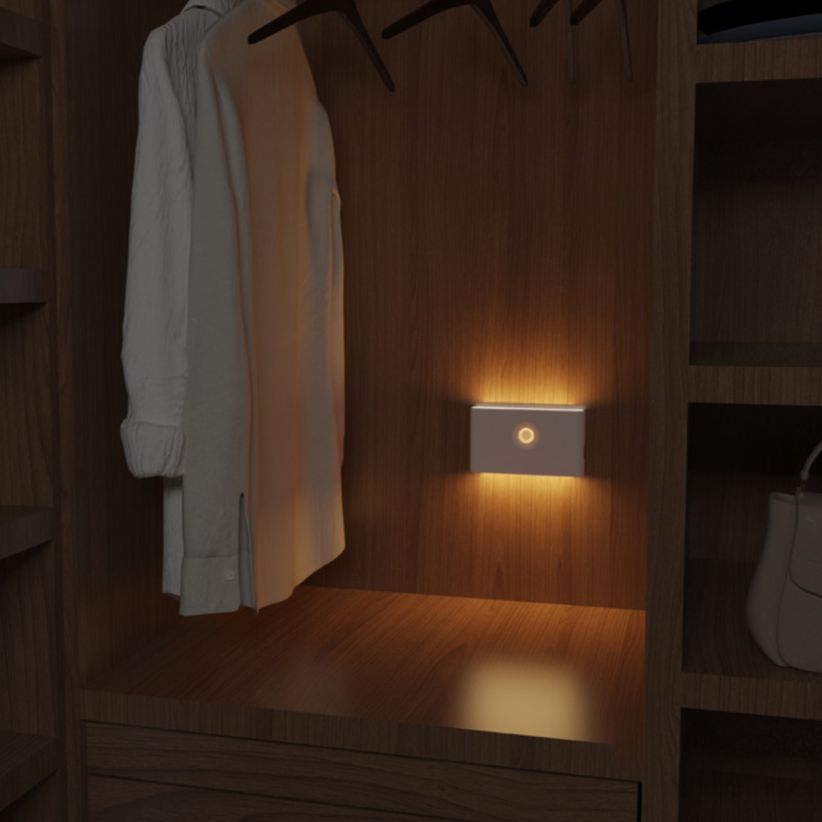 Innenraum eines Holzschranks mit Kleidung und rechteckiger Leuchte.