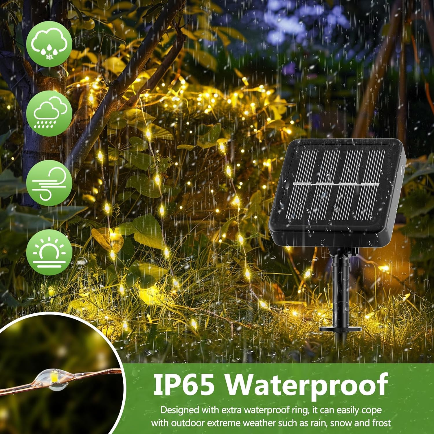 Solarpanel mit Lichterketten, umgeben von Pflanzen, Text: IP65 wasserdicht.