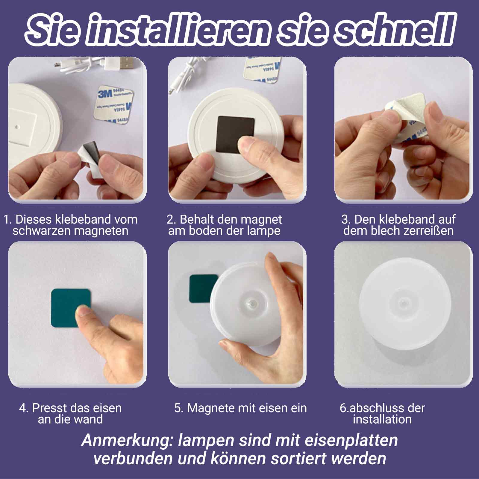 Anweisungen: Kleber anbringen, Magnet anbringen, Magnet an die Wand kleben.