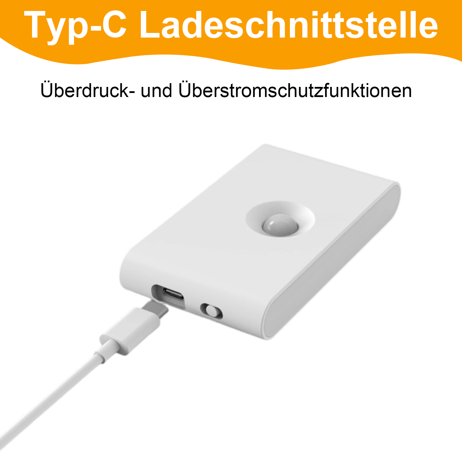 Weißes Gerät mit Typ-C-Anschluss, Knopf und Sensor. Text: Überdruck- und Überstromschutz.