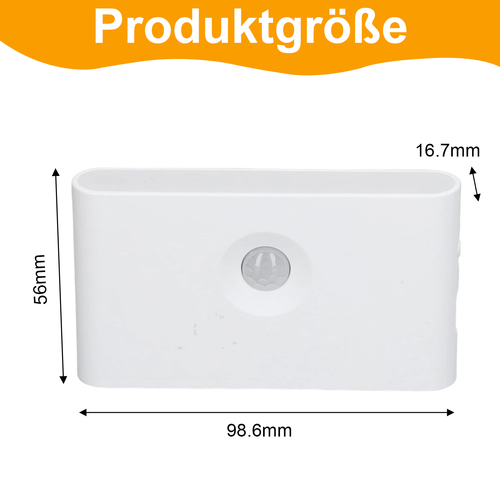 Ein weißes, rechteckiges Licht mit zentralem Sensor. Abmessungen: 56mm x 98,6mm x 16,7mm. Text: Produktgrösse.