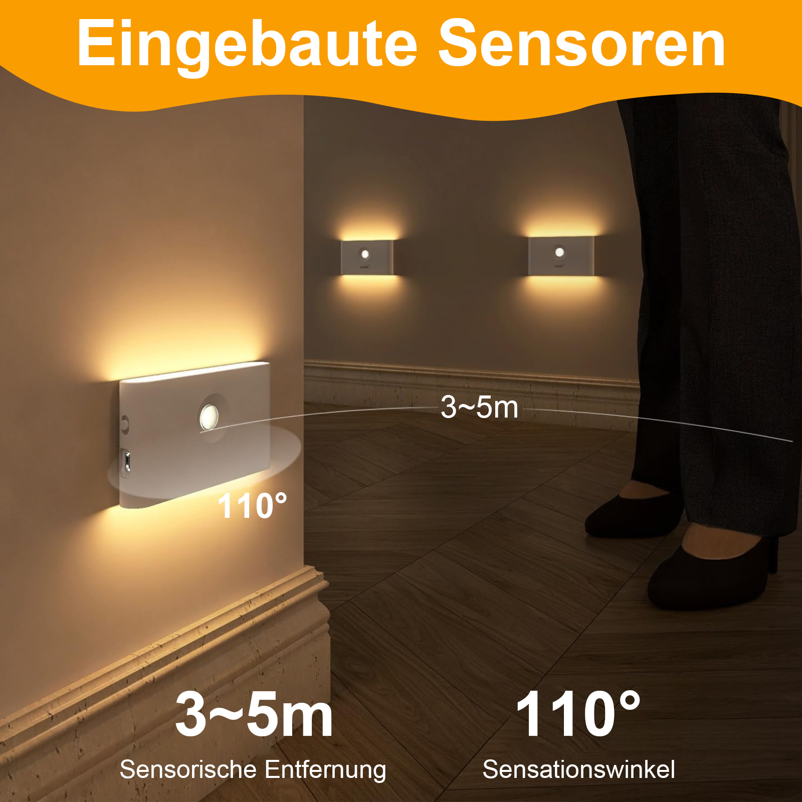 Zwei Wandleuchten und eine Person. Text sagt 3-5m und 110°. Die Person steht in der Nähe der Wand.
