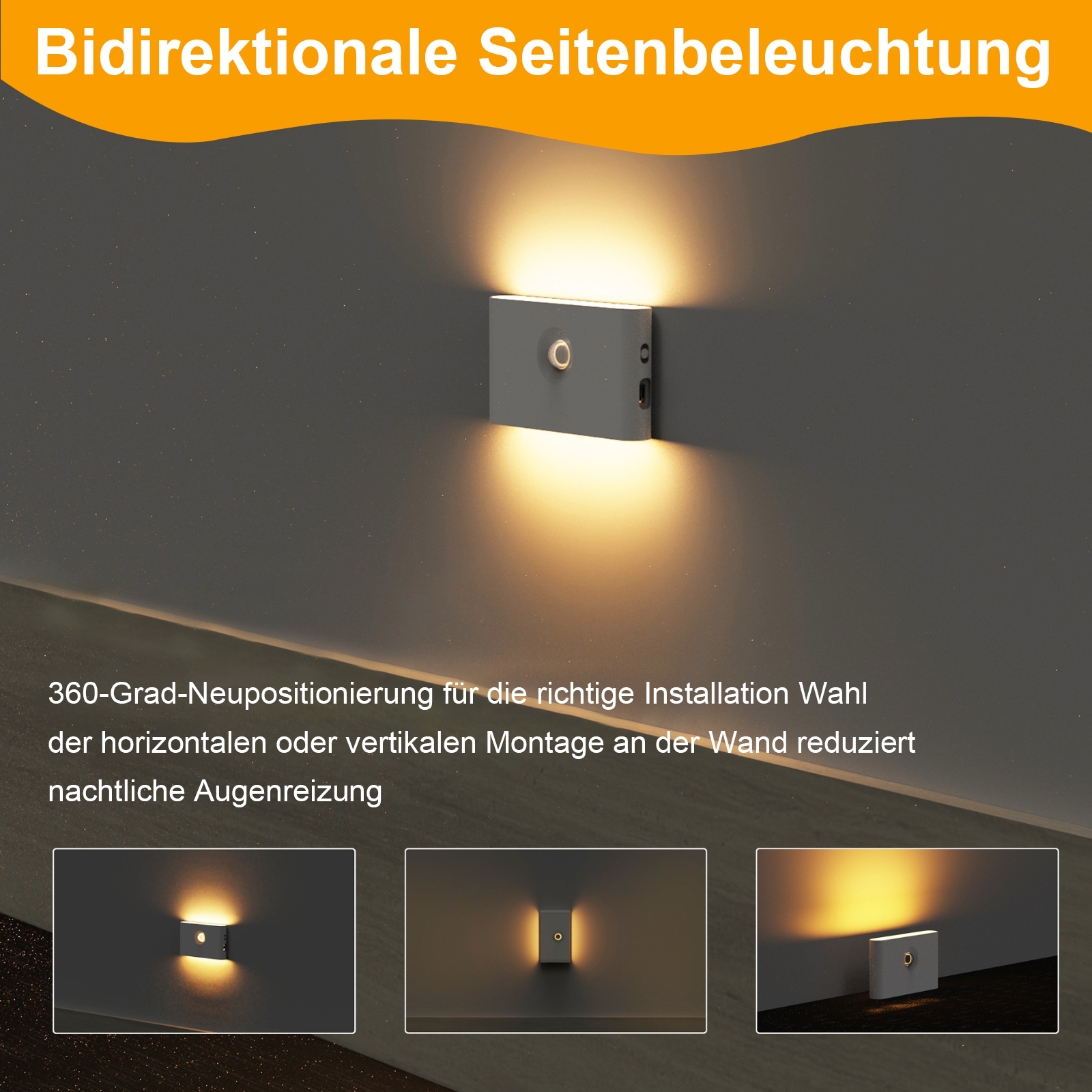 Eine Wand mit einer Leuchte. Es werden drei Leuchten mit Text und einem dunklen Hintergrund gezeigt.