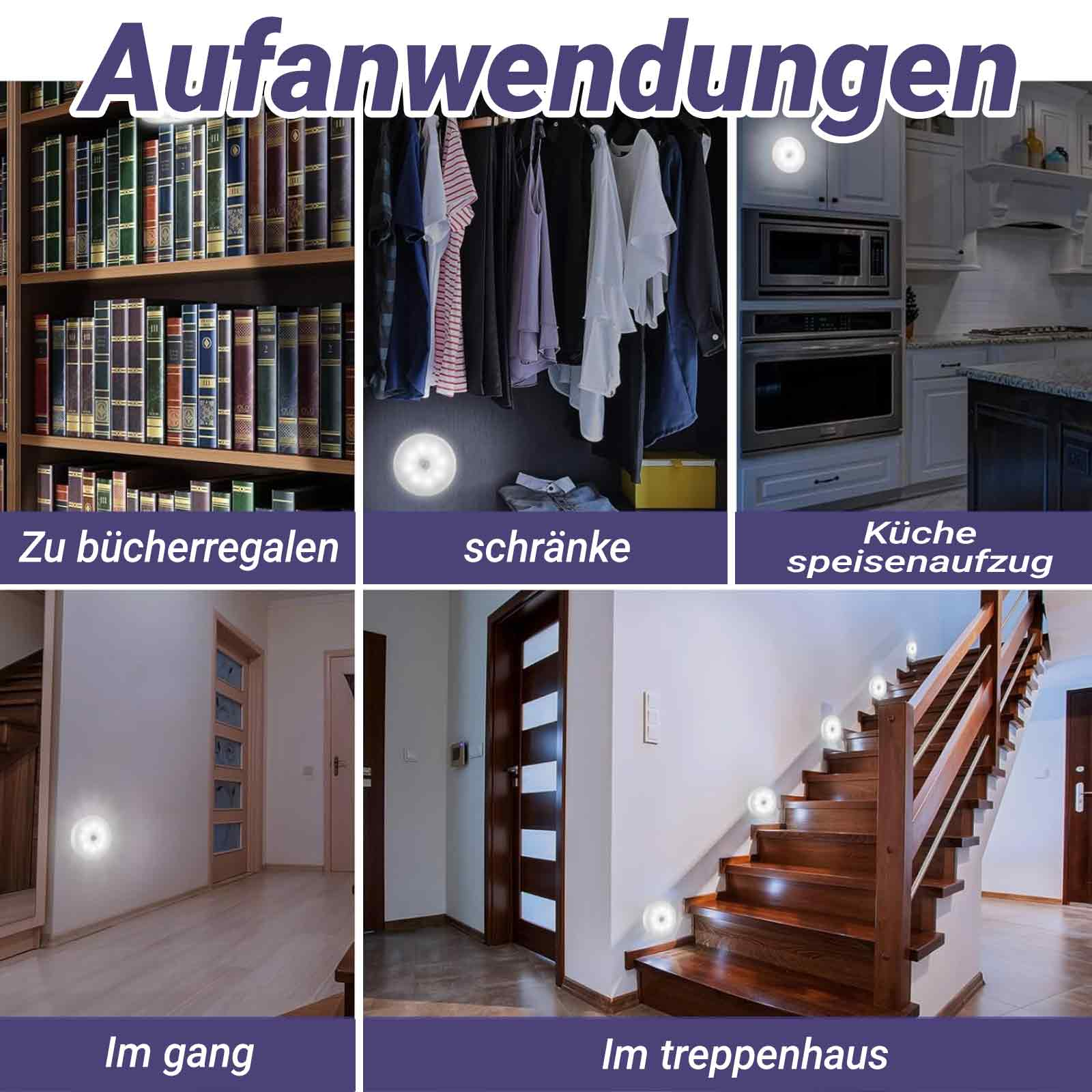 Lichter werden an verschiedenen Orten gezeigt: Bücherregale, Kleiderschränke, Küchen, Flure und Treppenhäuser.