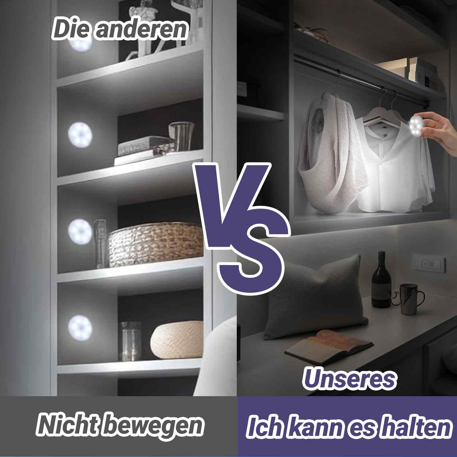 Ein geteiltes Bild zeigt Schrankleuchten in Gebrauch. Links werden Lichter auf Regalen gezeigt. Rechts, Lichter im Schrank.
