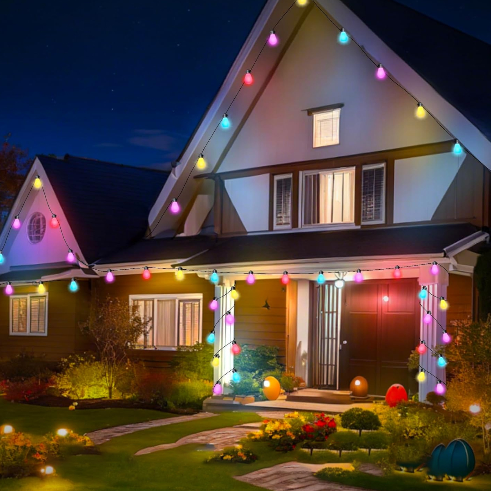 Ein Haus ist nachts mit bunten Lichtern geschmückt. Die Lichter sind über dem Haus und den Bäumen gespannt.