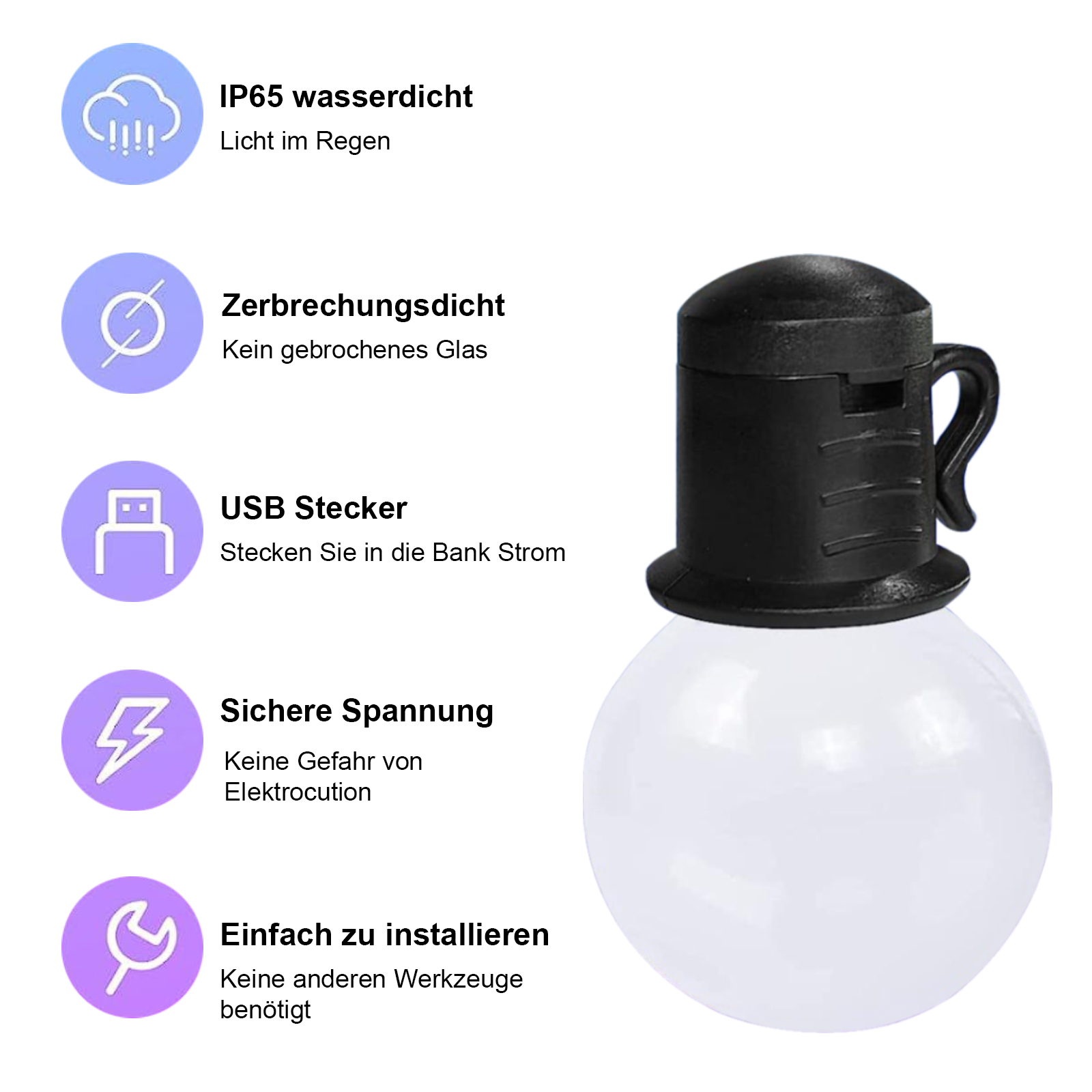 Eine weiße Glühbirne und Symbole für IP65 wasserdicht, USB-Stecker, sichere Spannung und einfache Installation.