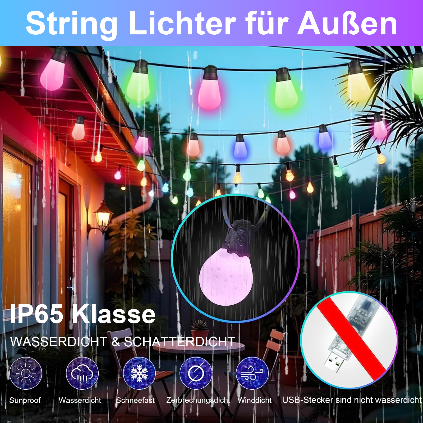 Lichterketten im Freien werden im Regen gezeigt. Die Lichter sind farbenfroh. Ein Licht hat einen USB-Stecker mit roter Linie.